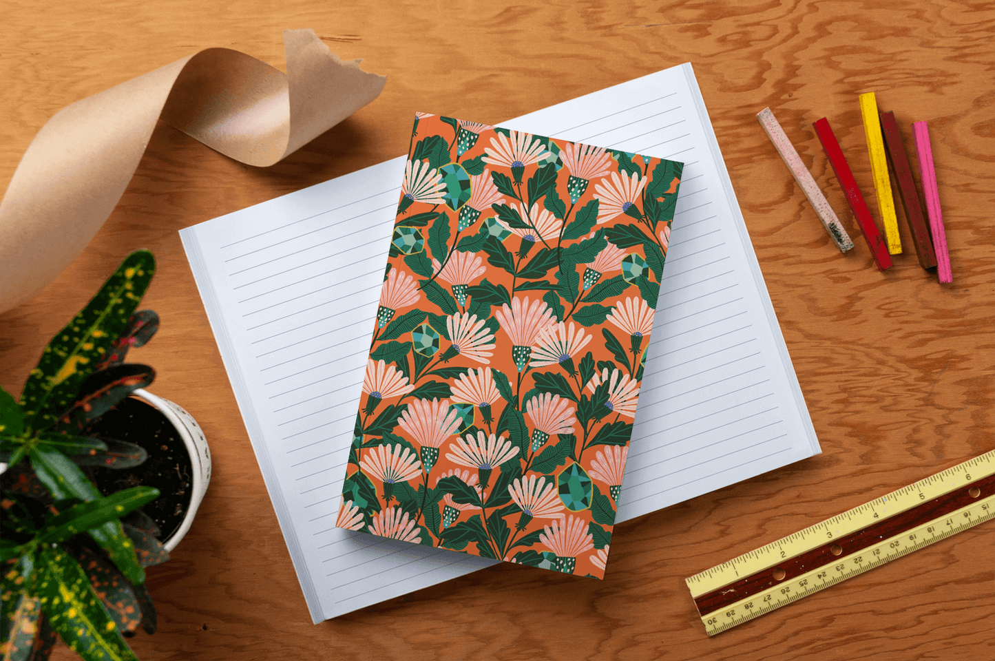 Orange floral layflat journal notebook for guided journaling and journal prompts with 144 lined pages, perfect for journaling supplies.