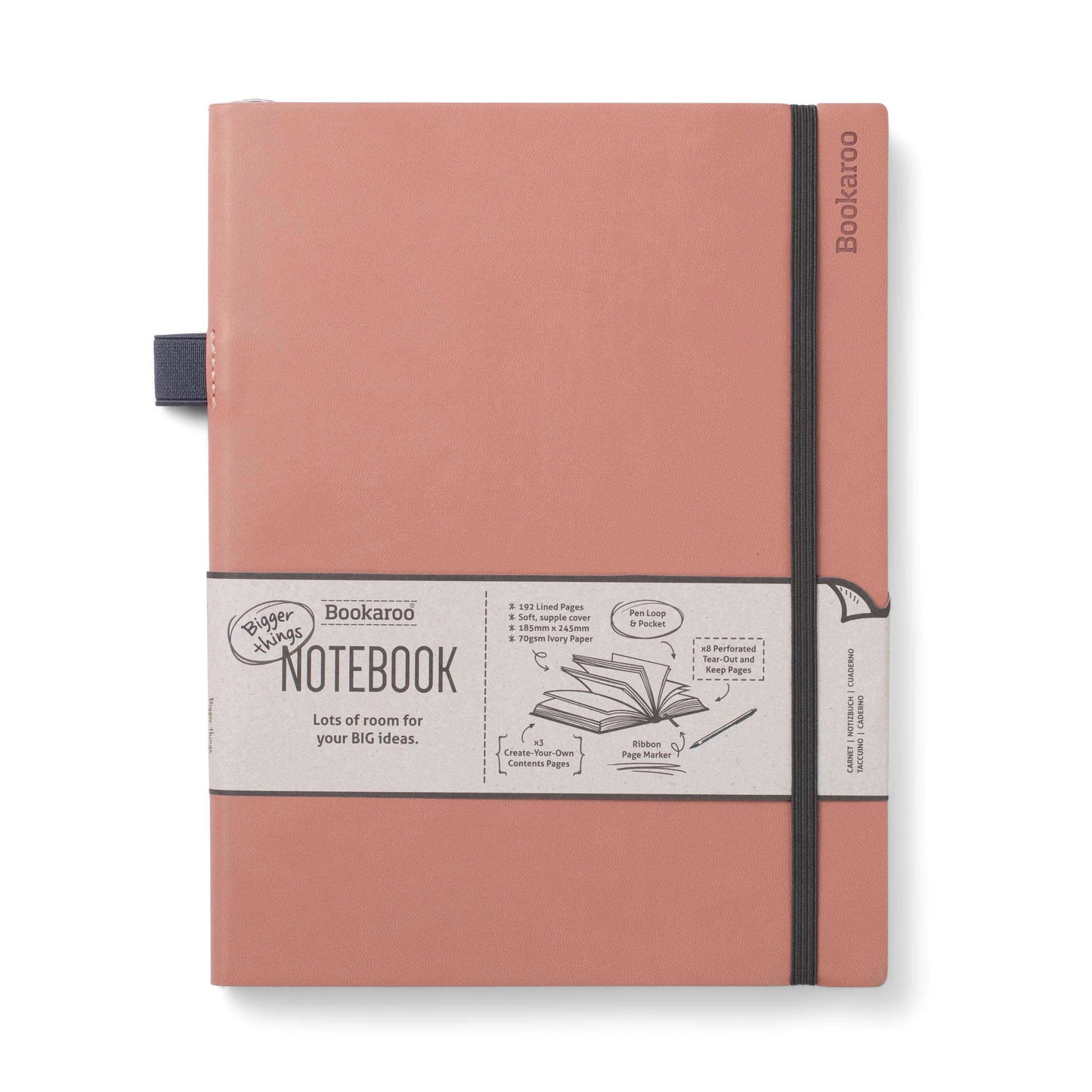 Bookaroo Bigger Things Notebook with soft faux leather cover, lined pages, pen loop, back pocket, perfect for journaling and carrying everywhere