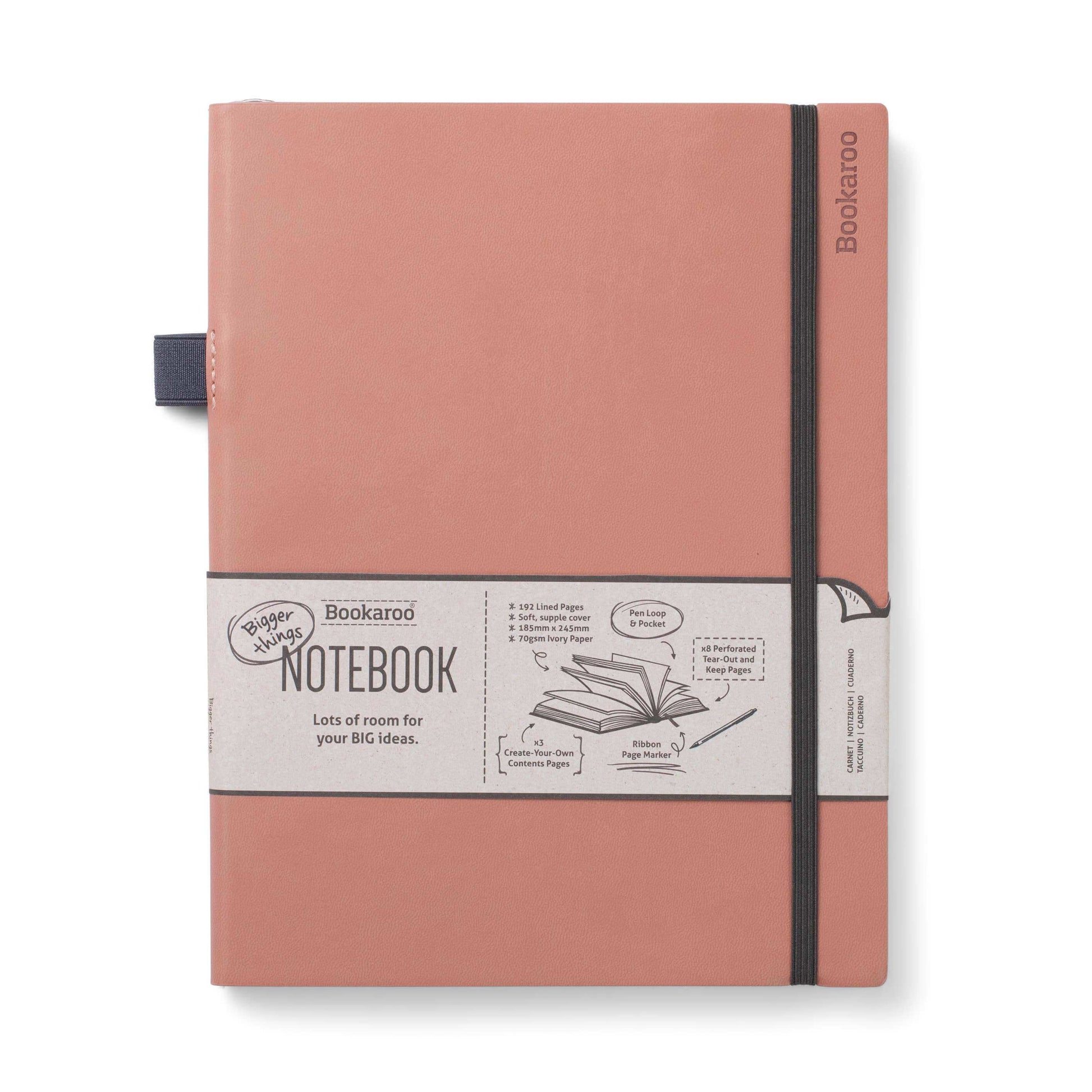 Bookaroo Bigger Things Notebook with ultra-soft faux leather cover, pen loop, and back pocket, perfect for journaling and guided journal prompts.