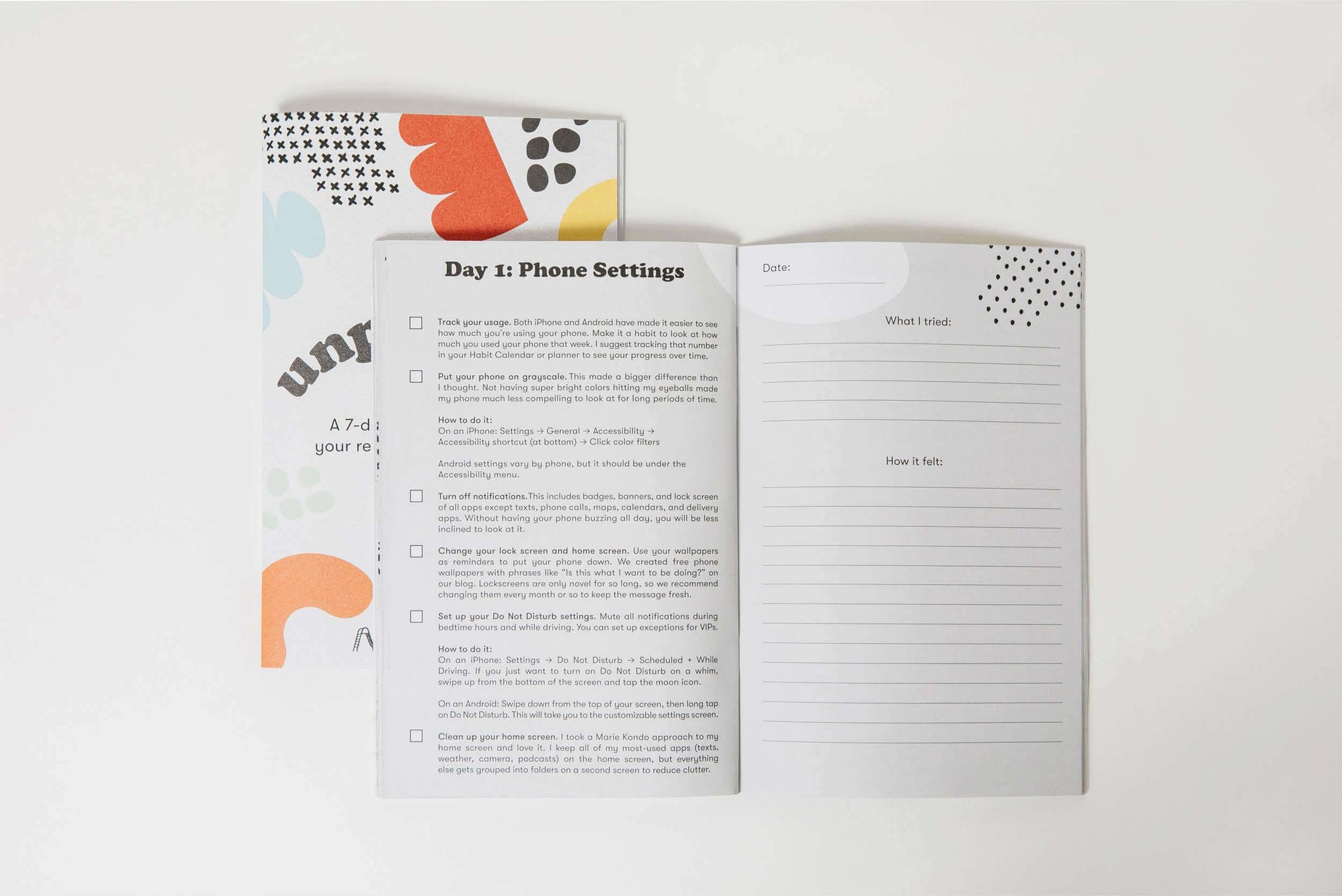 Open "Unplugged" workbook showing Day 1 Phone Settings journal page and cover, mapped to help reset your relationship with screens (40 pages, USA printed).