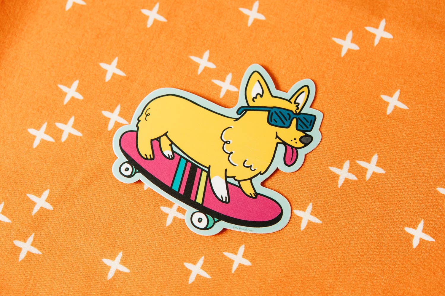 Skateboarding Corgi Vinyl Decal Sticker with Sunglasses on Orange Background - Perfect for Journaling Supplies and Gifts