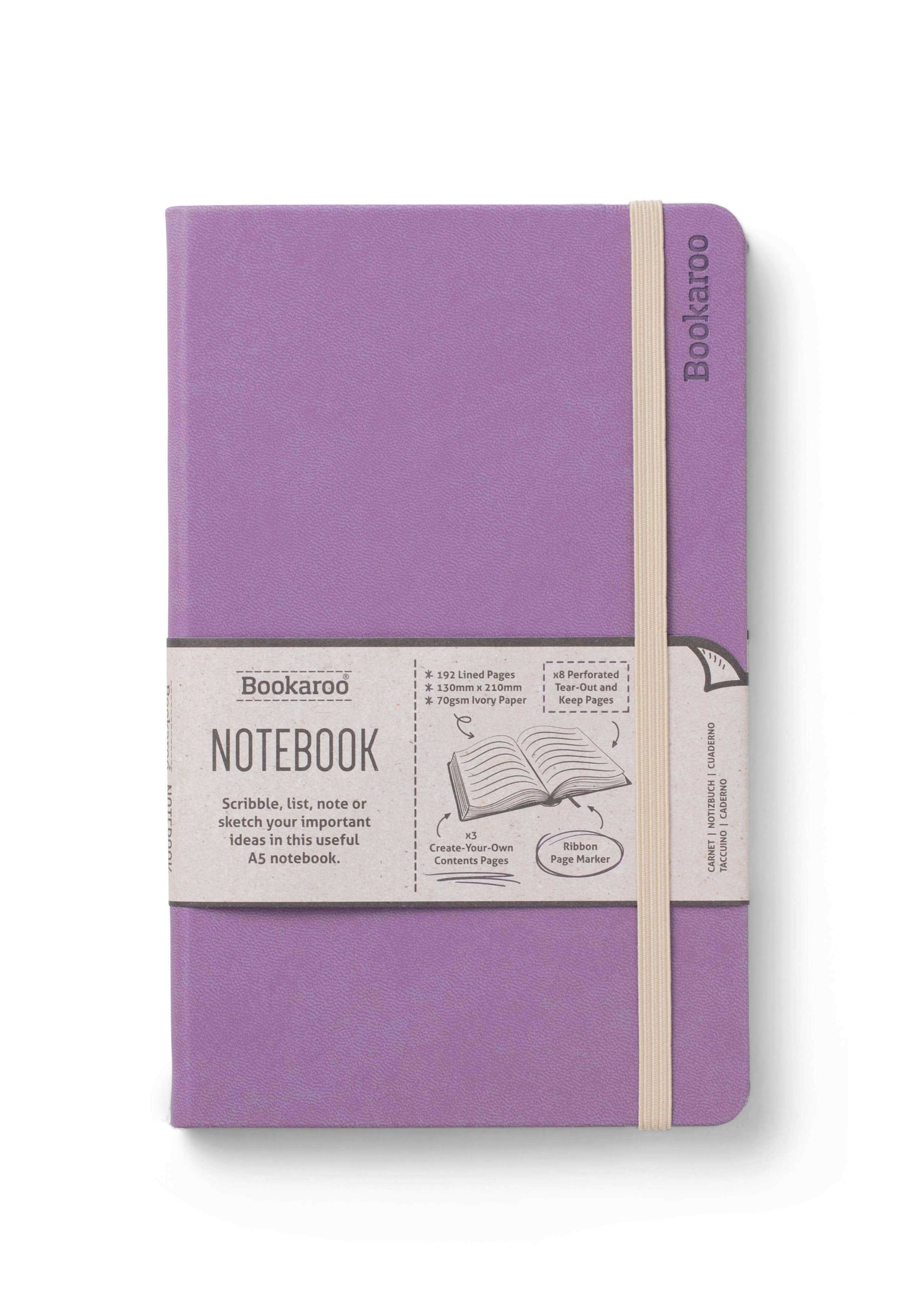 Purple Bookaroo notebook with elastic closure band, featuring lined pages and a durable cover for note-taking.