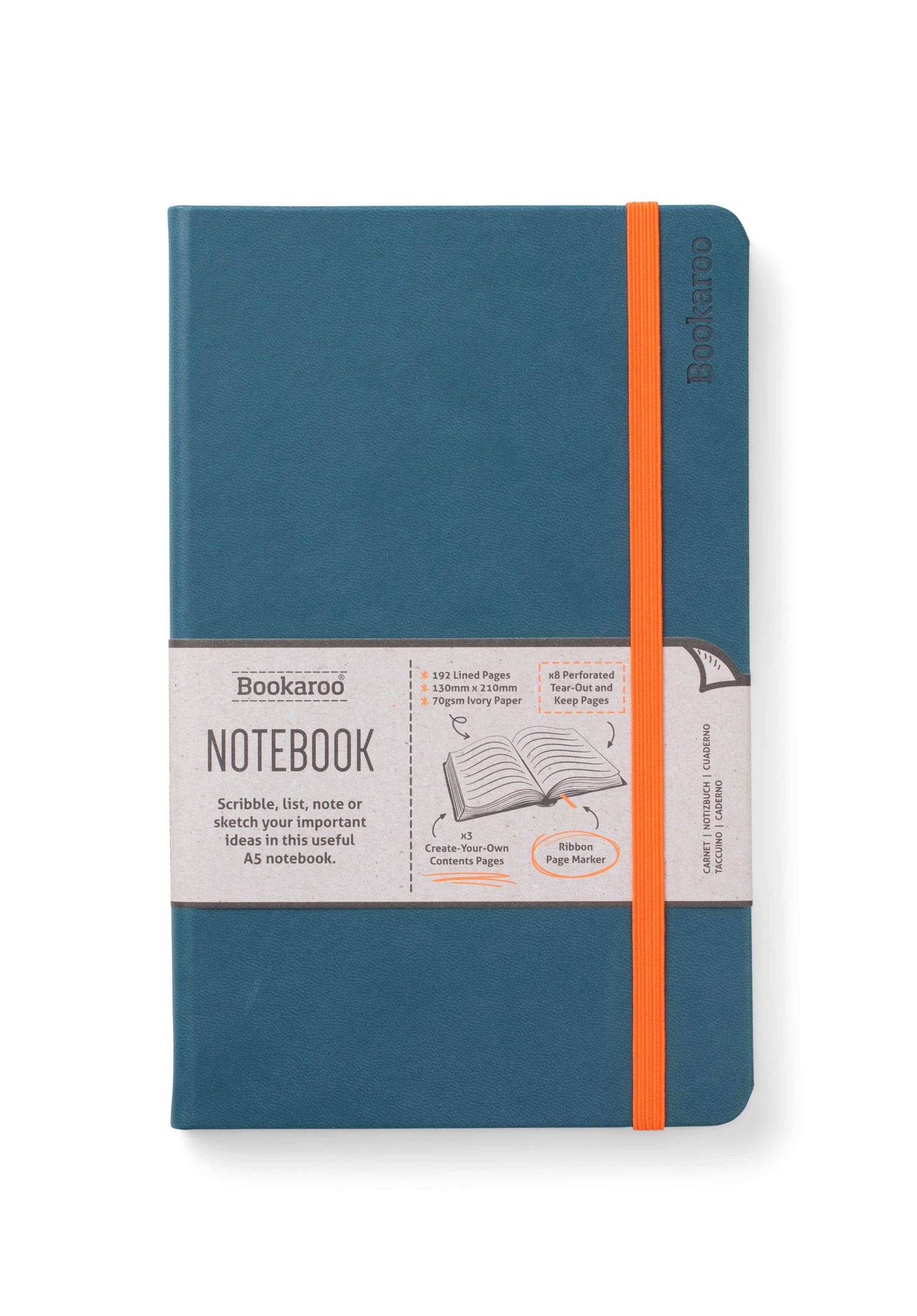 Bookaroo A5 Notebook - Blue hard cover with orange band, perfect for journaling, guided journaling, and journal prompts.