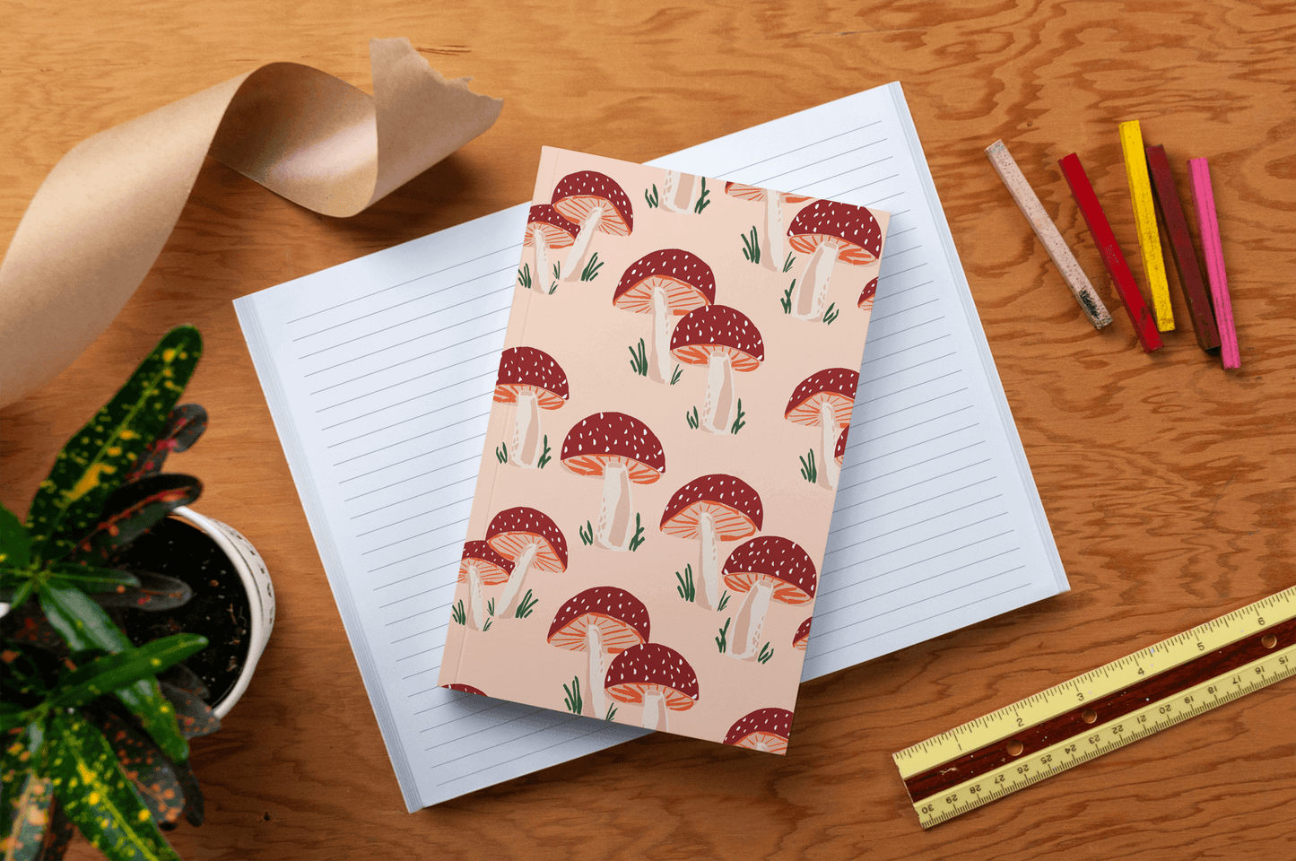 Peach Mushrooms Classic Layflat Journal Notebook on wooden desk with journaling supplies, perfect for guided journaling and creative writing