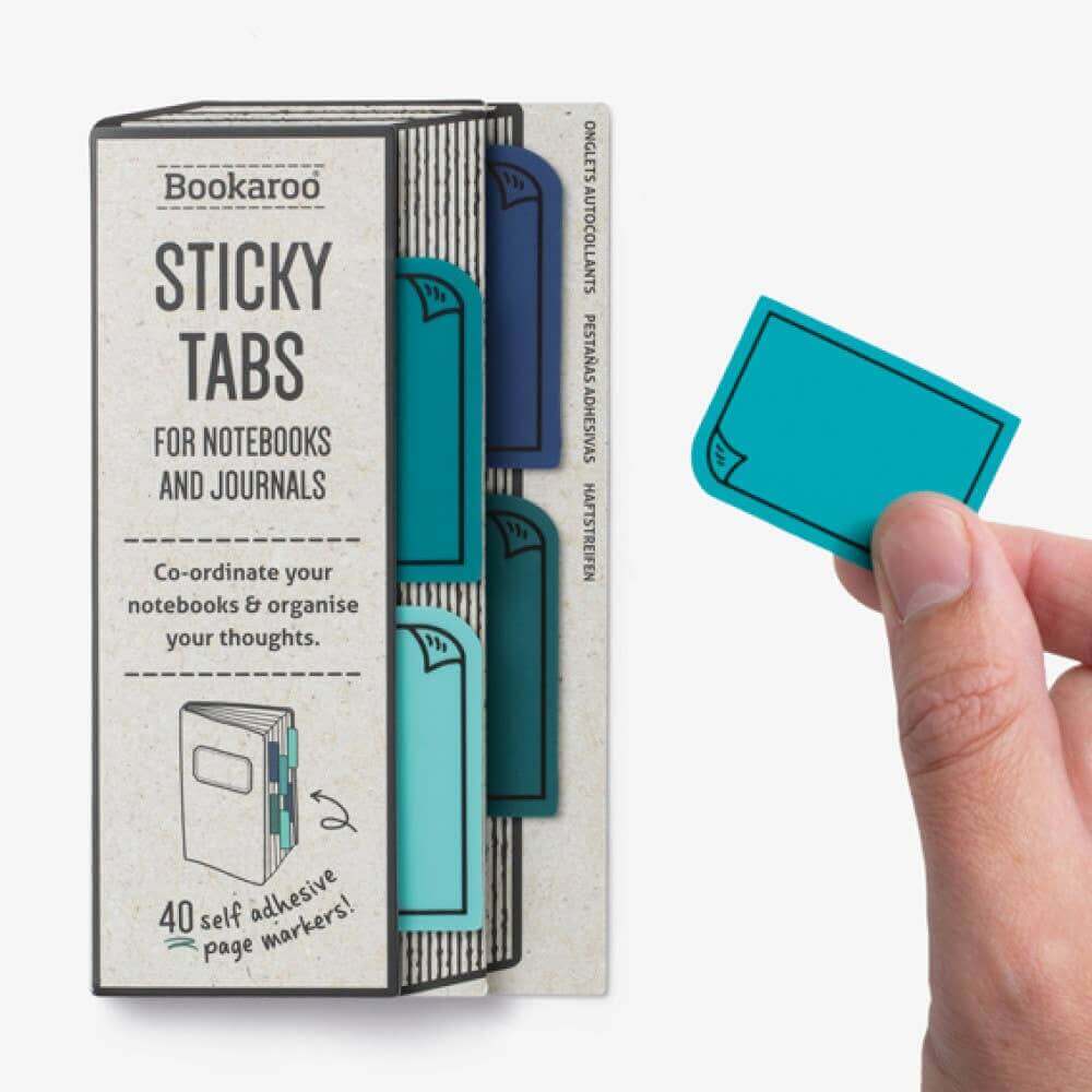 Organize your journaling with Bookaroo Sticky Tabs, 40 self-adhesive, color-coordinated tags for easy annotation and sectioning in notebooks.