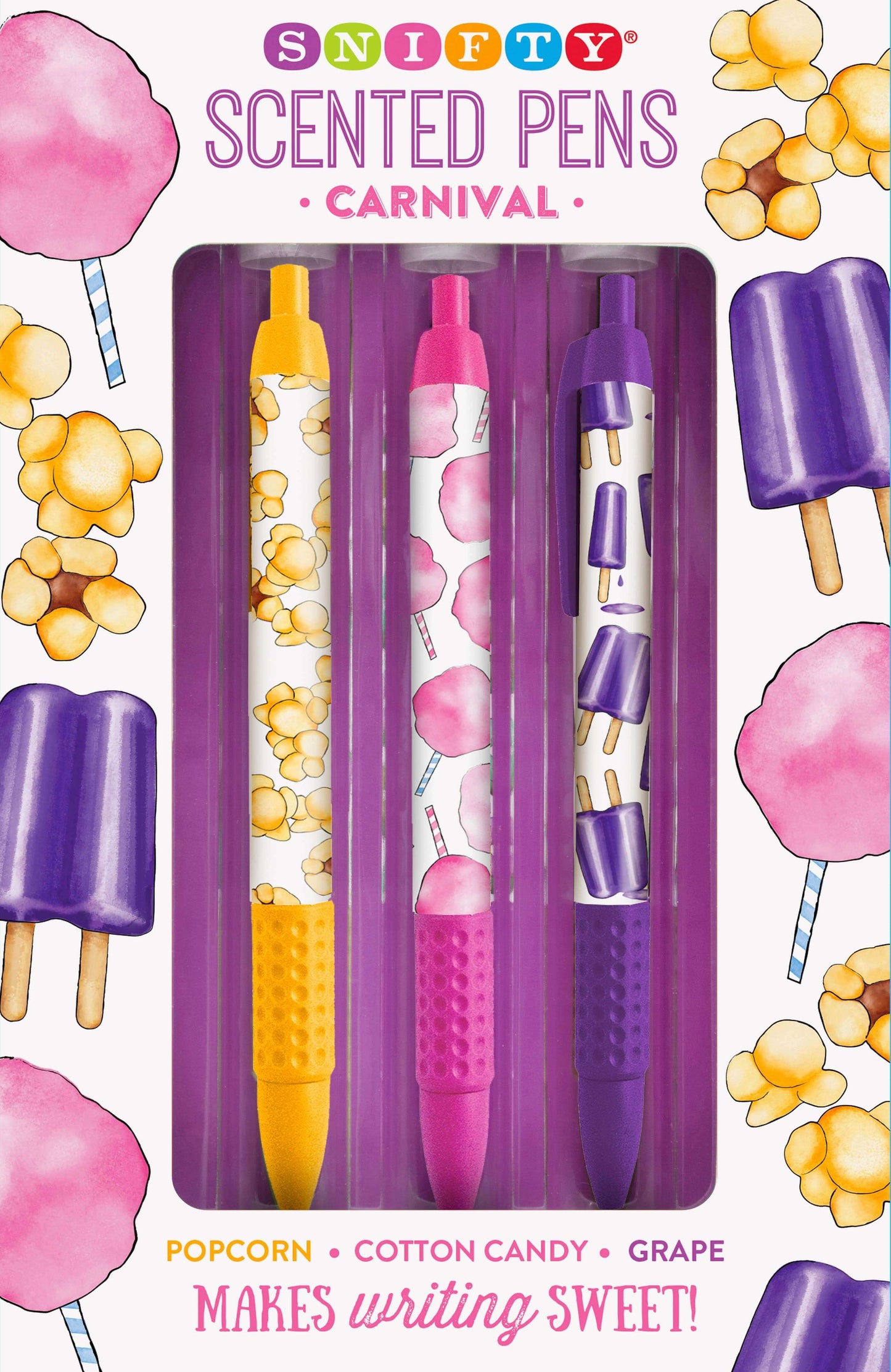 Carnival scented pen set with popcorn, cotton candy, and grape popsicle scents for colorful journaling fun - tasty writing, no eating!