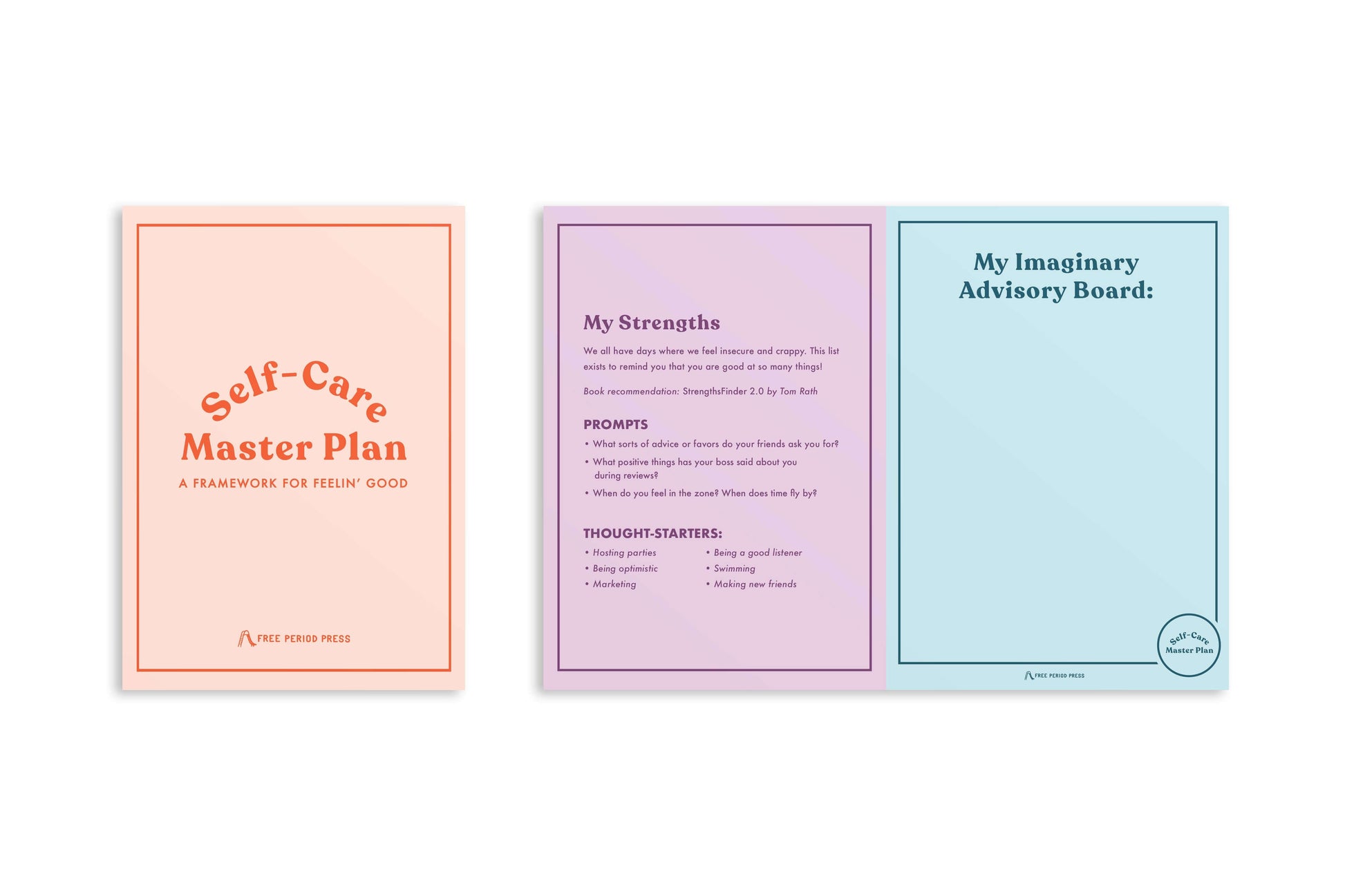 Self-Care Master Plan postcard-sized journal with creative prompts and examples in a 28-page layout for personalized self-care.