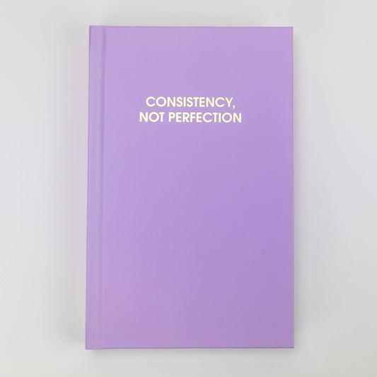 Bright Neon Amethyst 'Consistency Not Perfection' journal with gold foil printing, perfect for guided journaling and journal prompts.