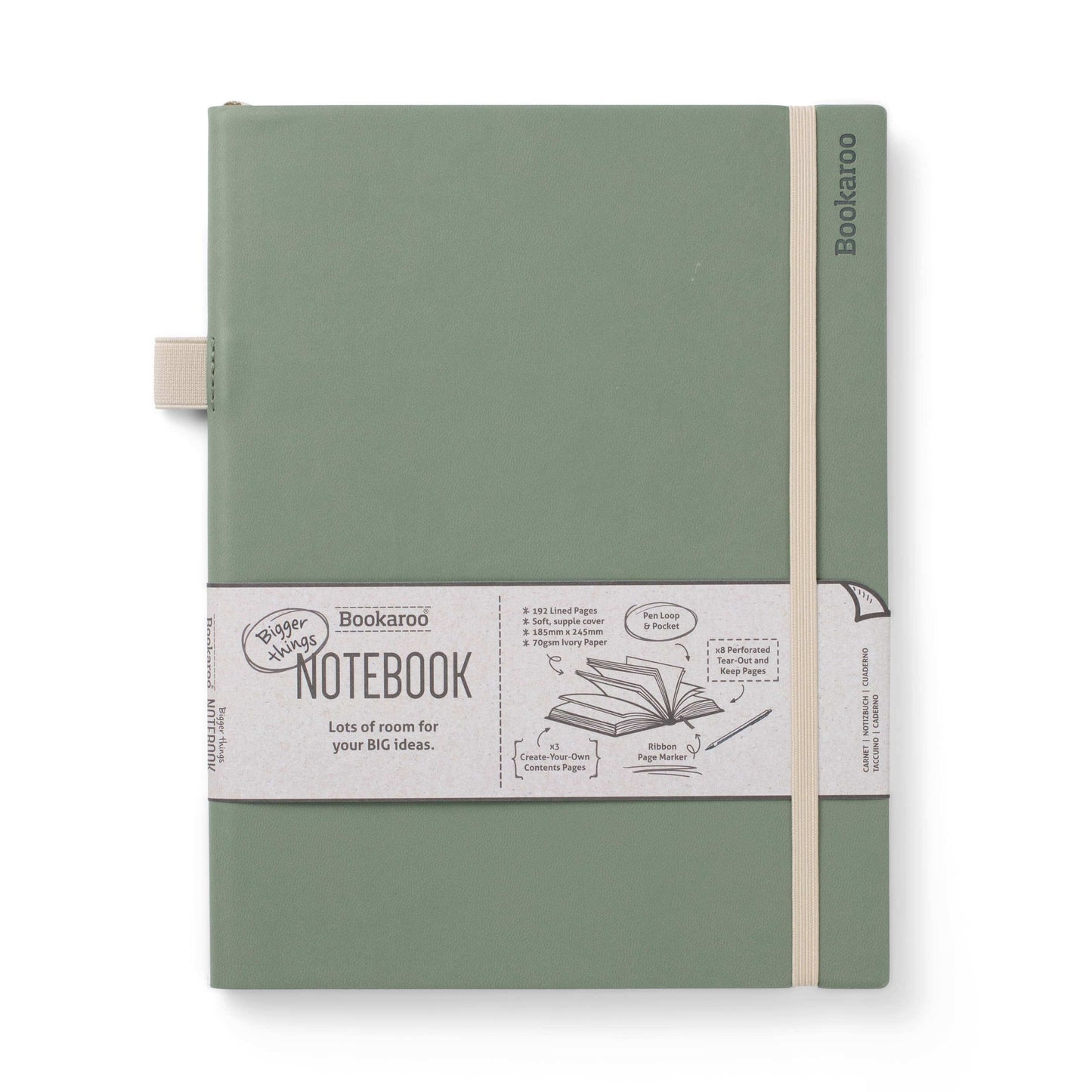 Soft green Bookaroo Bigger Things Notebook with lined pages, back pocket, and pen loop, perfect for journaling and journal prompts.