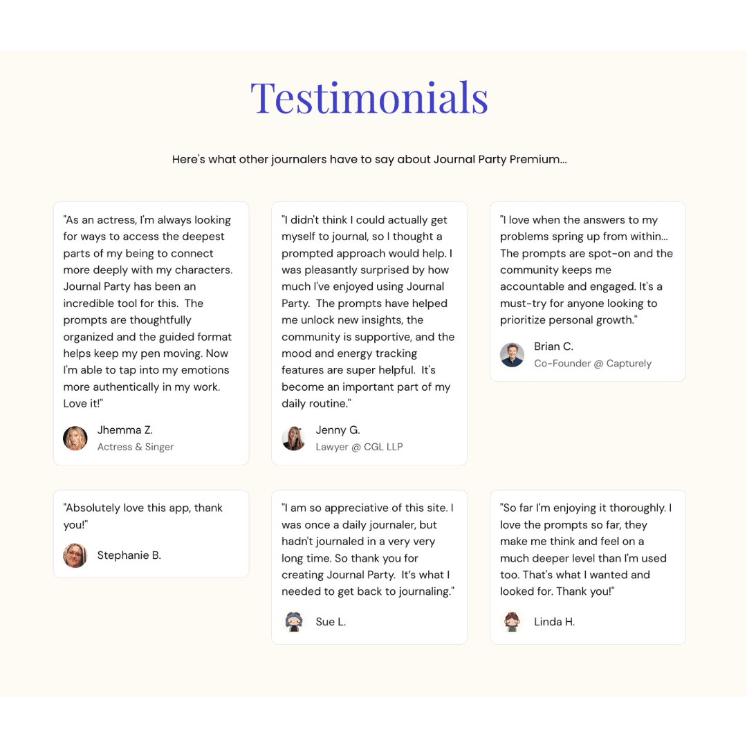 Testimonials praising Journal Party Premium's guided journaling programs and lifetime access for enhancing journaling experience