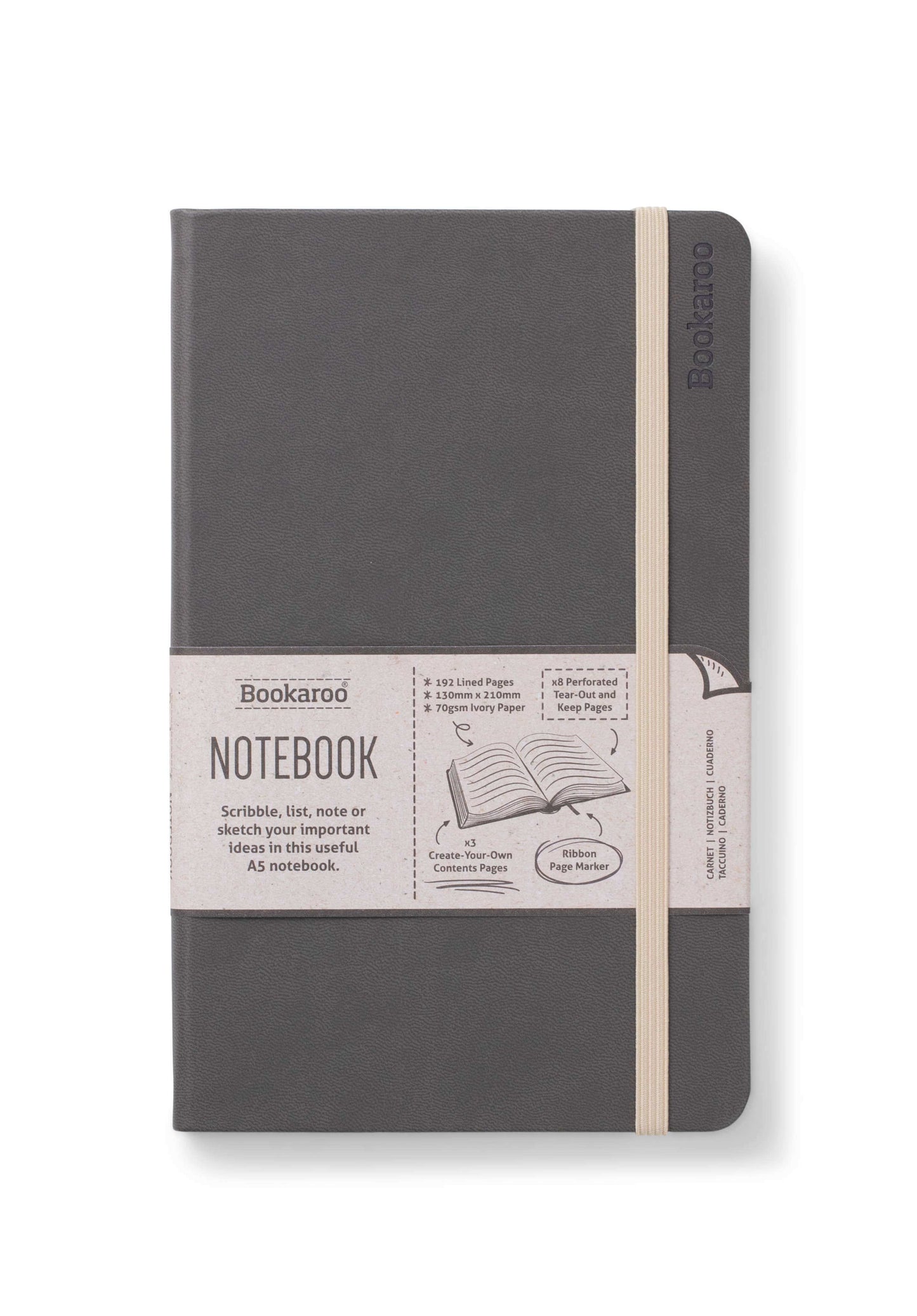 Bookaroo A5 Notebook with gray hard cover and elastic strap, perfect for journaling with 192 ivory pages, contents page, and perforated sheets.