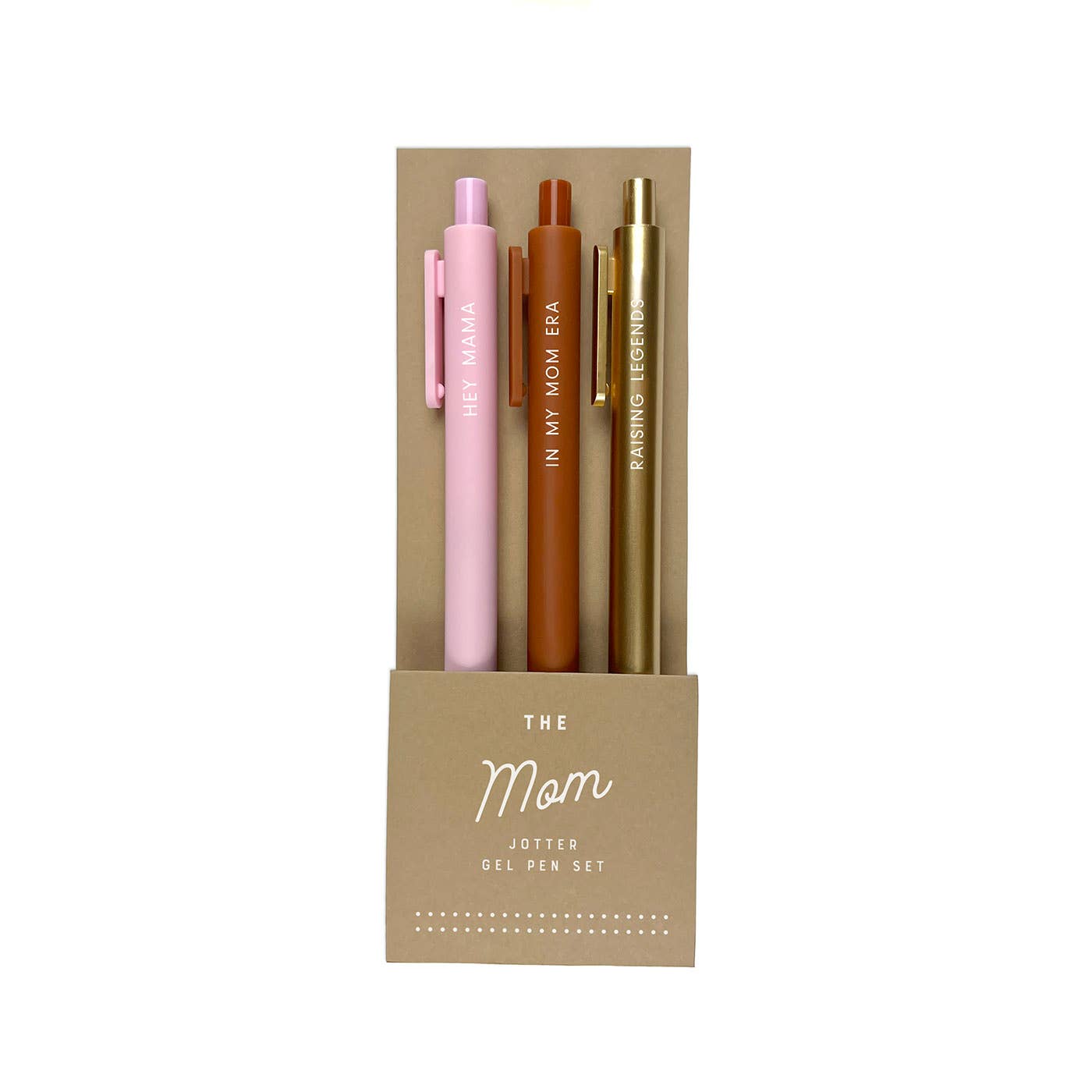 Set of 3 Mom Jotter Gel Pens in pink, brown, and gold with phrases "Hey Mama", "In My Mom Era", "Raising Legends" for journaling.