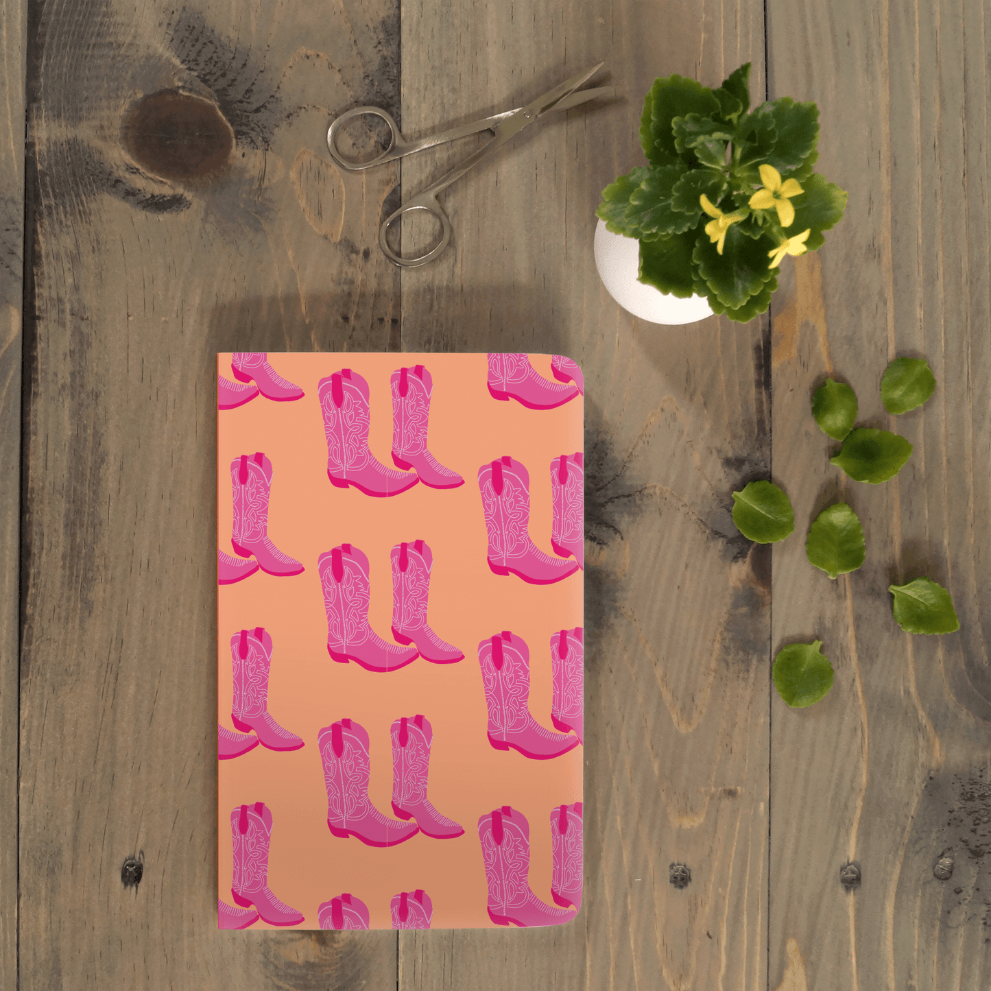 Pink on Blush layflat notebook with boot design, perfect for journaling and guided journal prompts.