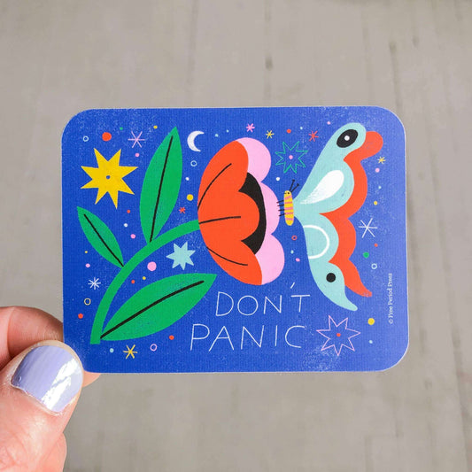 Cheerful "Don't Panic" vinyl decal with colorful butterfly and flower design, perfect for journaling and decorating laptops, notebooks, and more.