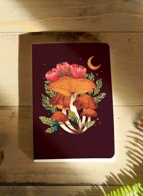 Midnight Mushroom Layflat Journal Notebook with vibrant mushroom and moon design, perfect for durable and magical journaling.