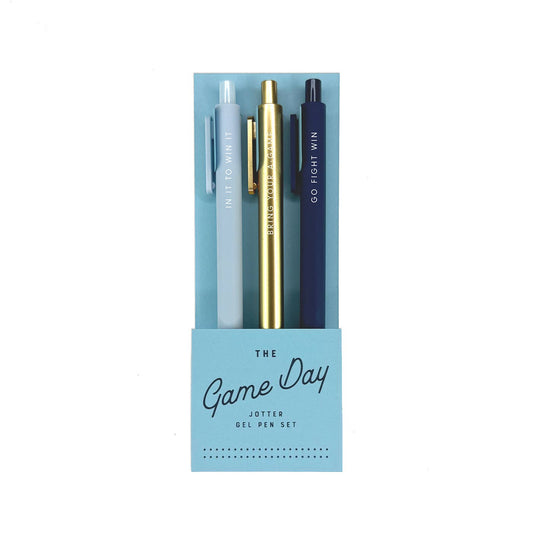 Game Day Jotter Gel Pen Set of 3 for journaling, guided journaling, and journal prompts with phrases "Go Fight Win" and "In It To Win It".