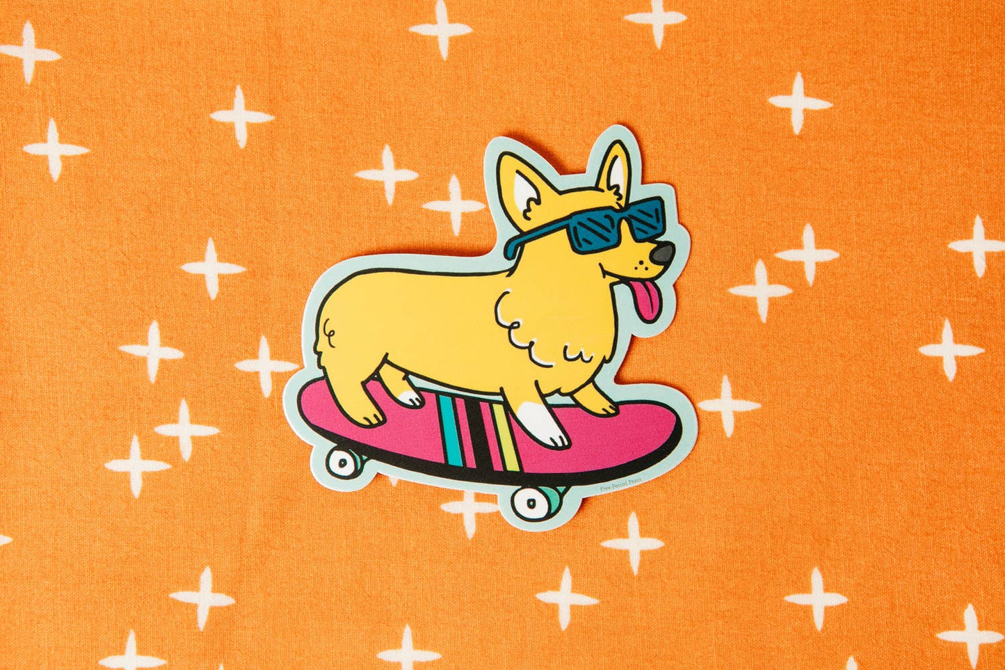 Skateboarding Corgi Vinyl Decal Sticker. Corgi with sunglasses on a skateboard. Perfect for journaling, laptops, and water bottles.