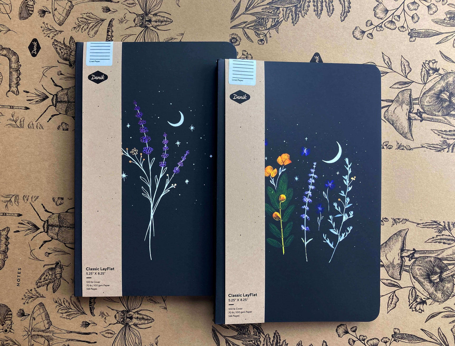 Pair of Flowering of Consciousness Layflat Journals with celestial floral cover designs for journaling, guided prompts, and creative writing.