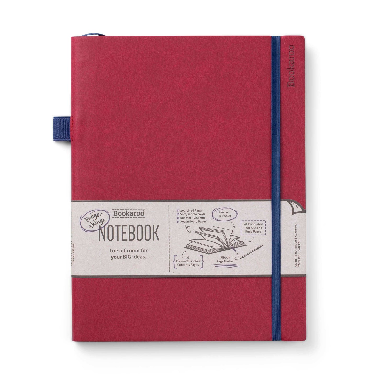 Bookaroo Bigger Things Notebook in red with soft faux leather cover, elastic band, pen loop, and back pocket, perfect for journaling.