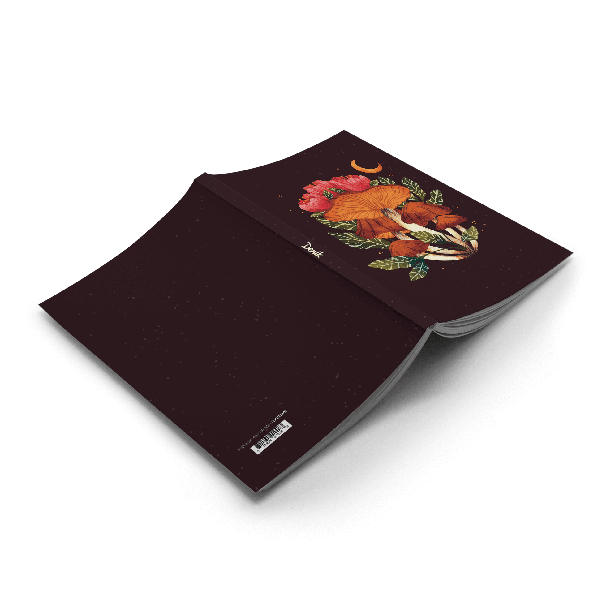 Midnight Mushroom Layflat Journal Notebook with open black cover featuring colorful mushroom illustration.