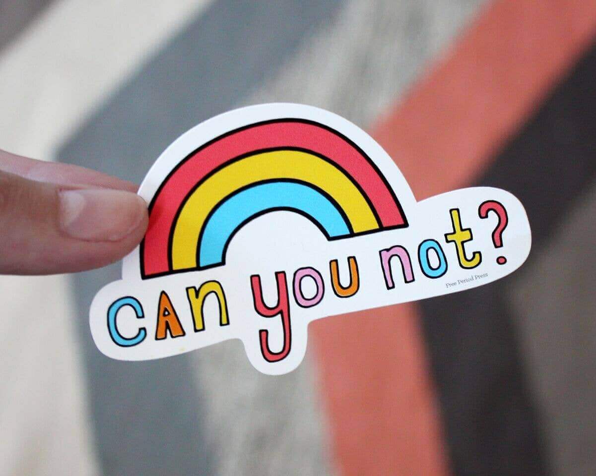 Colorful "Can You Not?" vinyl decal sticker for journaling and guided journaling supplies, held by hand.