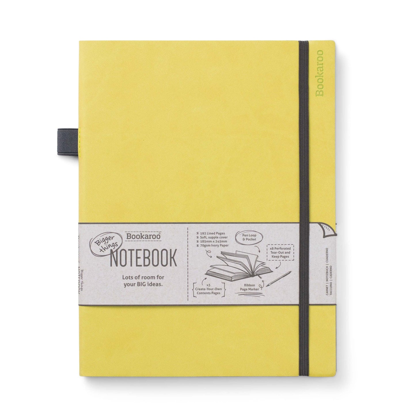 Bookaroo Bigger Things yellow notebook with ultra-soft faux leather cover, pen loop, and back pocket for journaling and organizing.