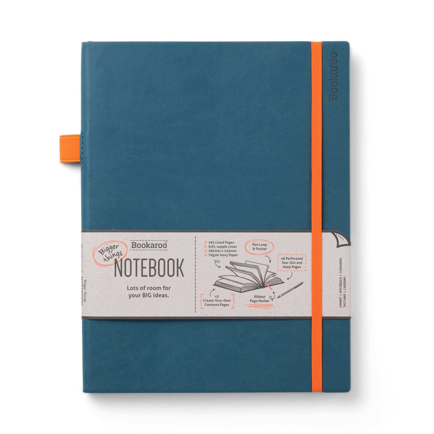 Bookaroo Bigger Things Notebook with ultra-soft faux leather cover, pen loop, back pocket, perfect for journaling and journal prompts.