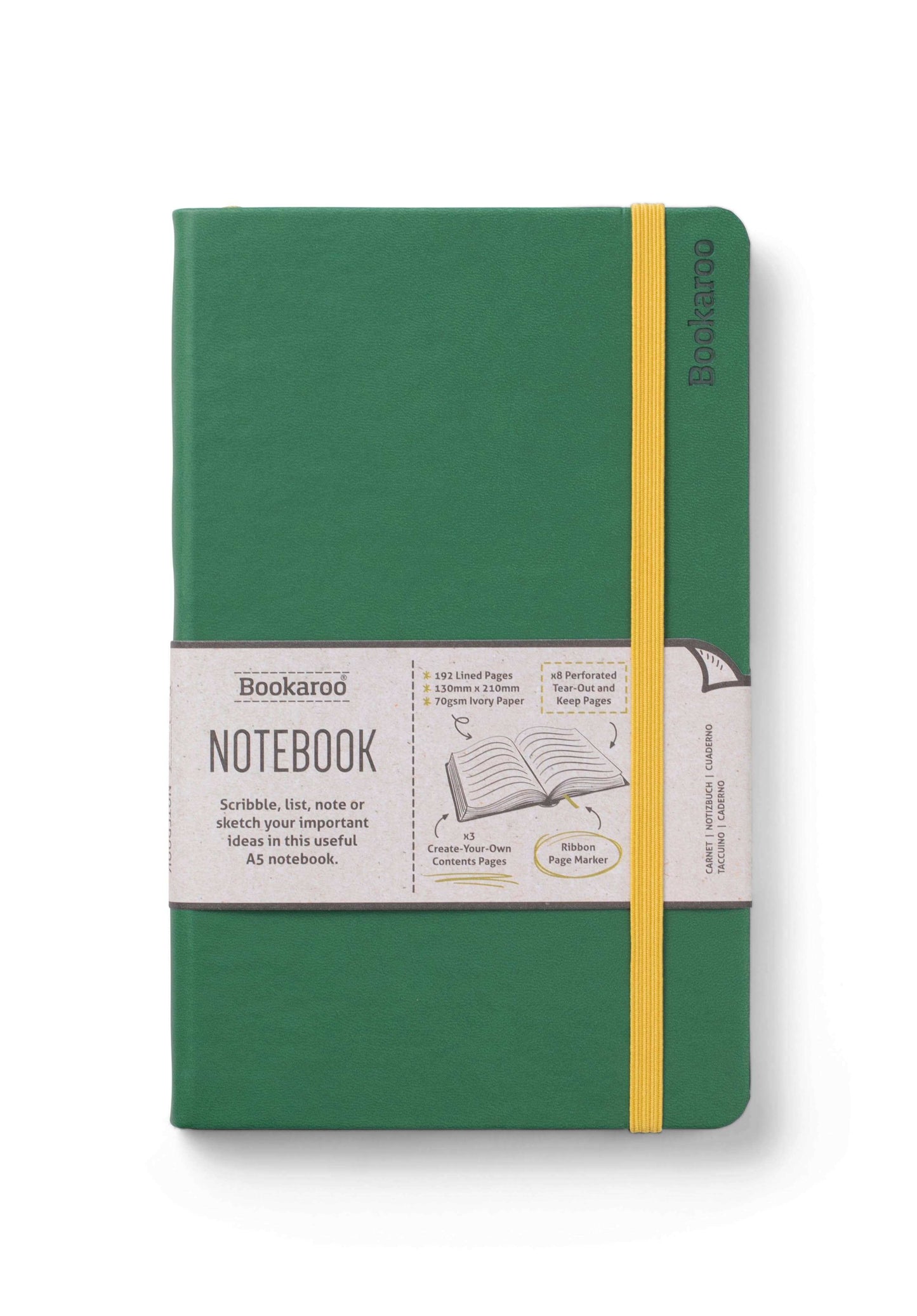 Bookaroo A5 notebook with green hard cover, yellow elastic band, and 192 ivory pages for journaling and note-taking fun.