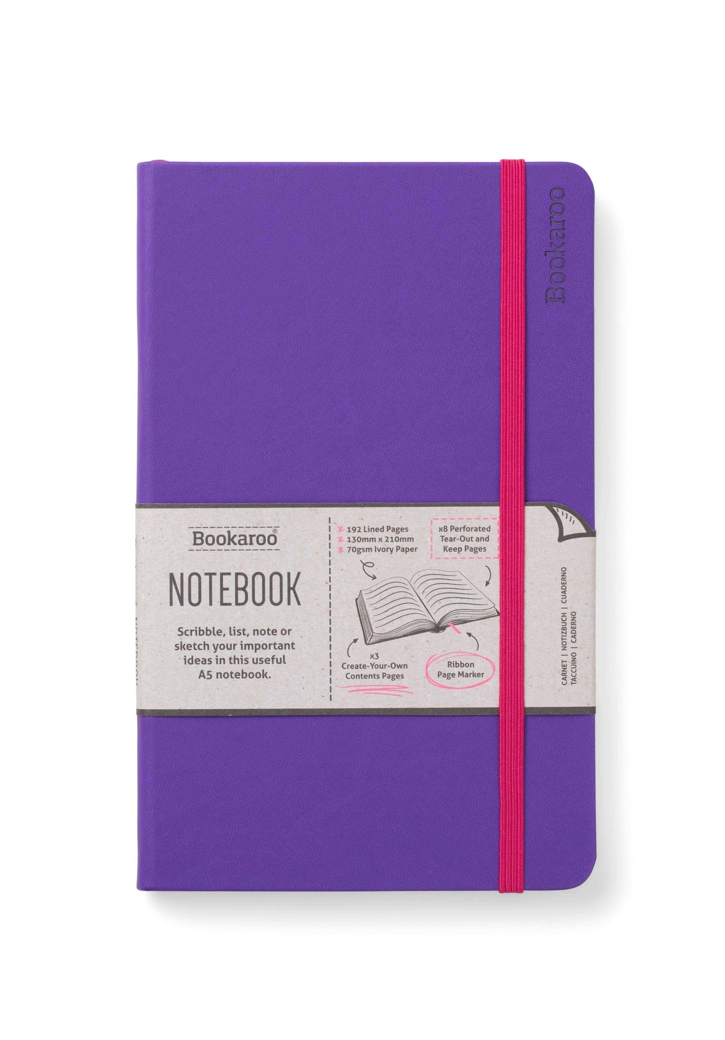 Purple Bookaroo A5 Journal Notebook with 192 ivory pages, hard cover, and red elastic band for fun and organized journaling.