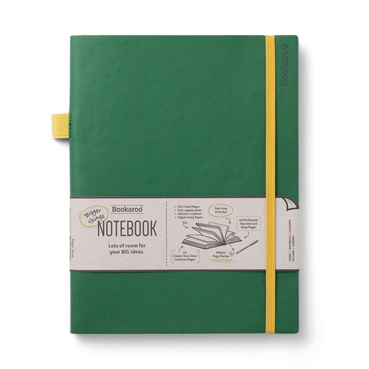 "Bookaroo Bigger Things Notebook in green with faux leather cover, pen loop, and elastic band; perfect for journaling and guided journal prompts."