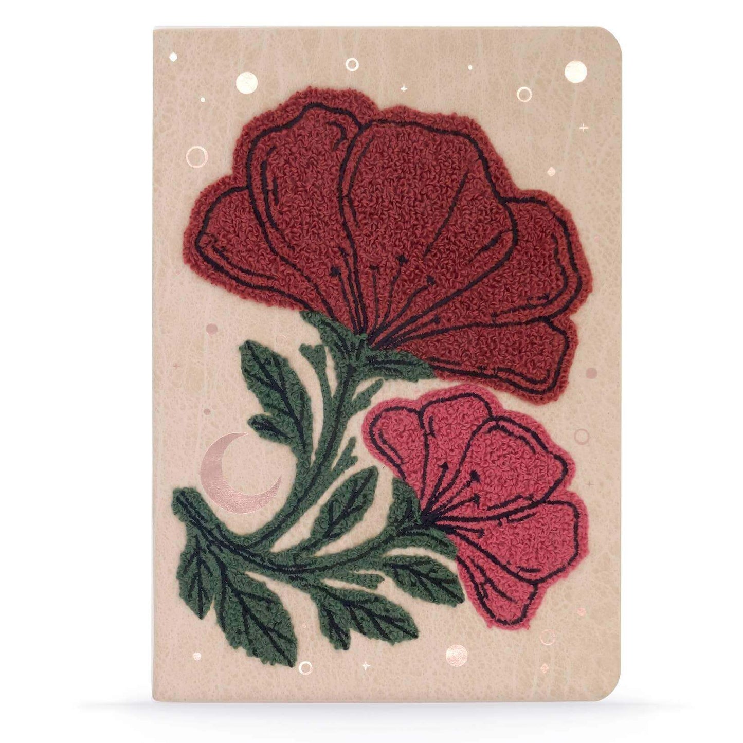 Double Bloom Embroidered Journal Notebook with red flowers on hardcover, ideal for journaling, features cream-colored lined pages and a satin ribbon bookmark