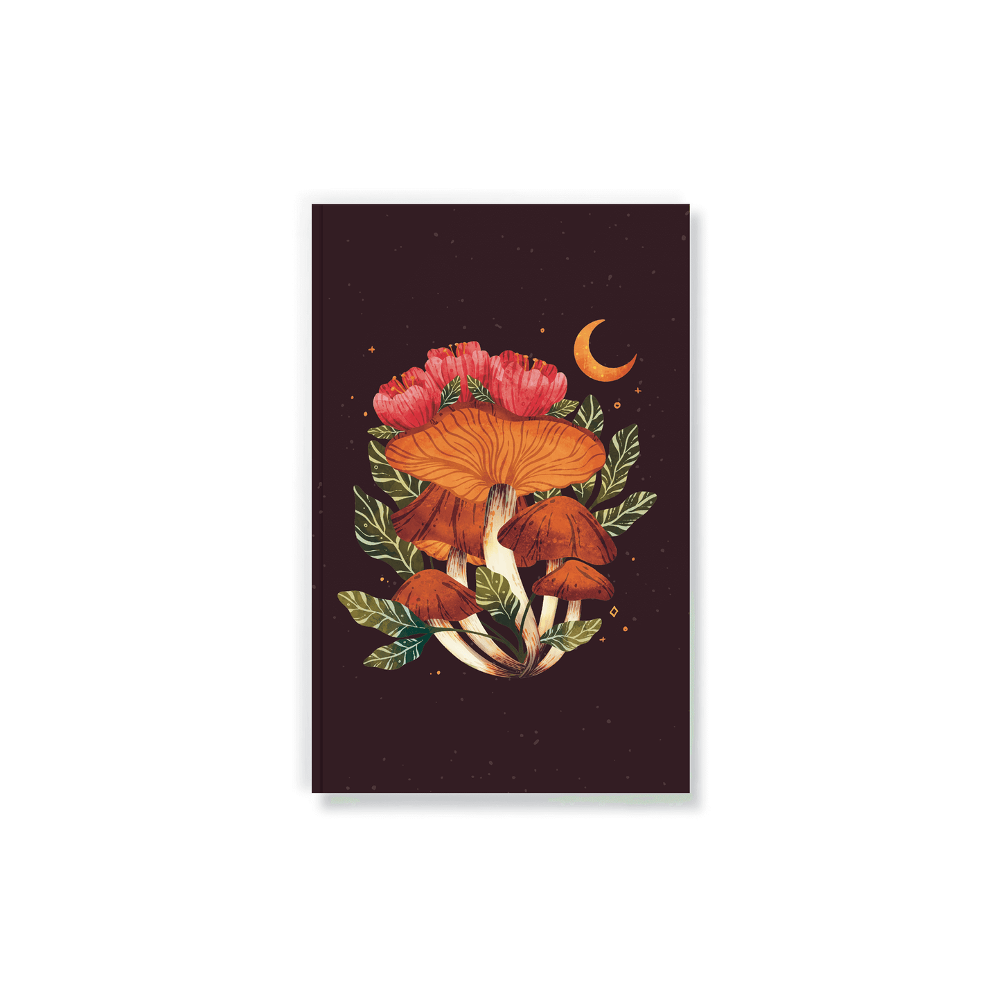 Midnight Mushroom Layflat Journal Notebook with vibrant mushroom and crescent moon design, perfect for journaling and capturing magical moments.