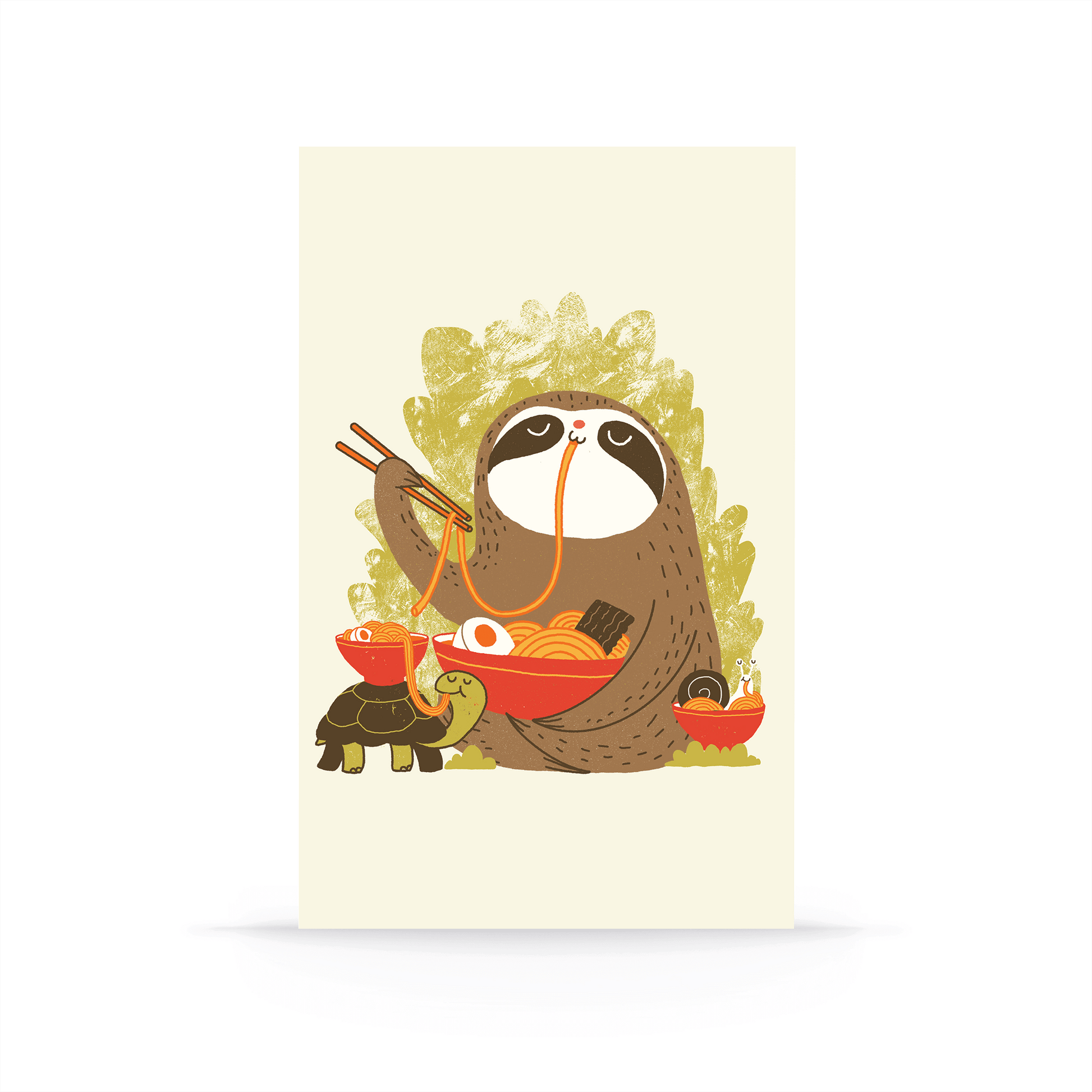 Adorable sloth enjoying a bowl of ramen with a turtle friend, illustration on Slow Ramen Classic Layflat Journal Notebook.