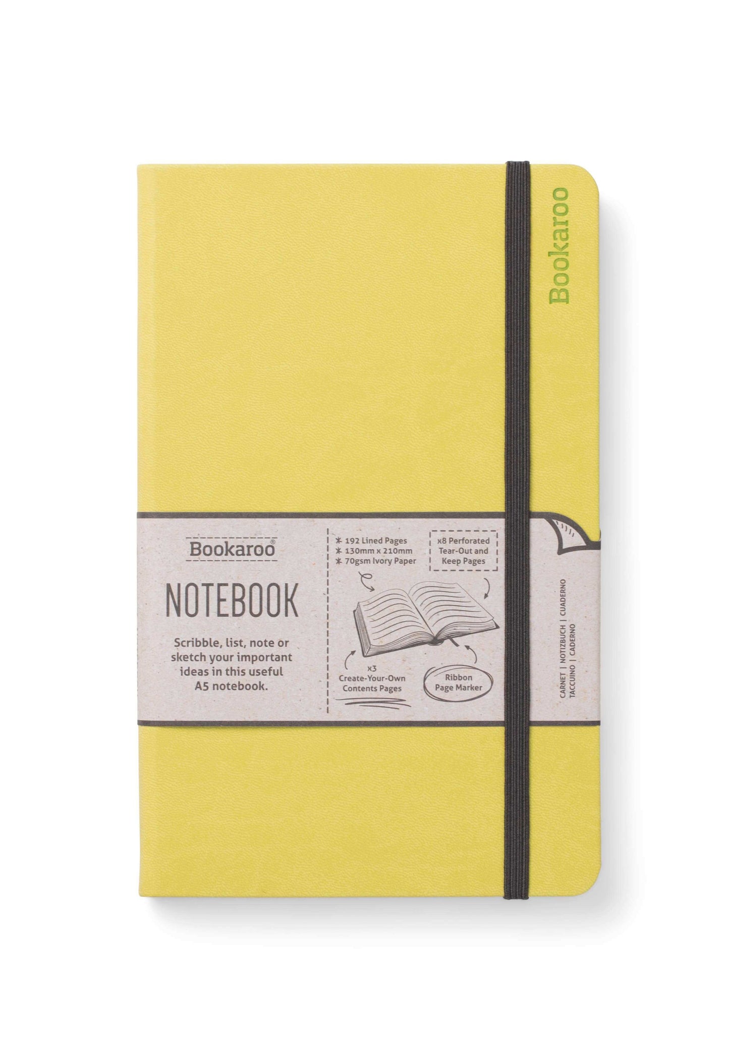 Bright yellow Bookaroo A5 Notebook with a hard cover, black elastic strap, and content page, ideal for journaling and guided journaling.