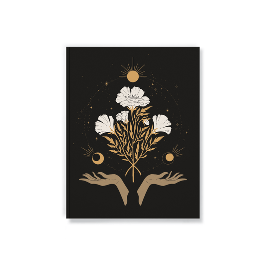 Celestial Flowers Medium Layflat Journal with black cover featuring gold and white floral design and mystical symbols. Perfect for journaling.