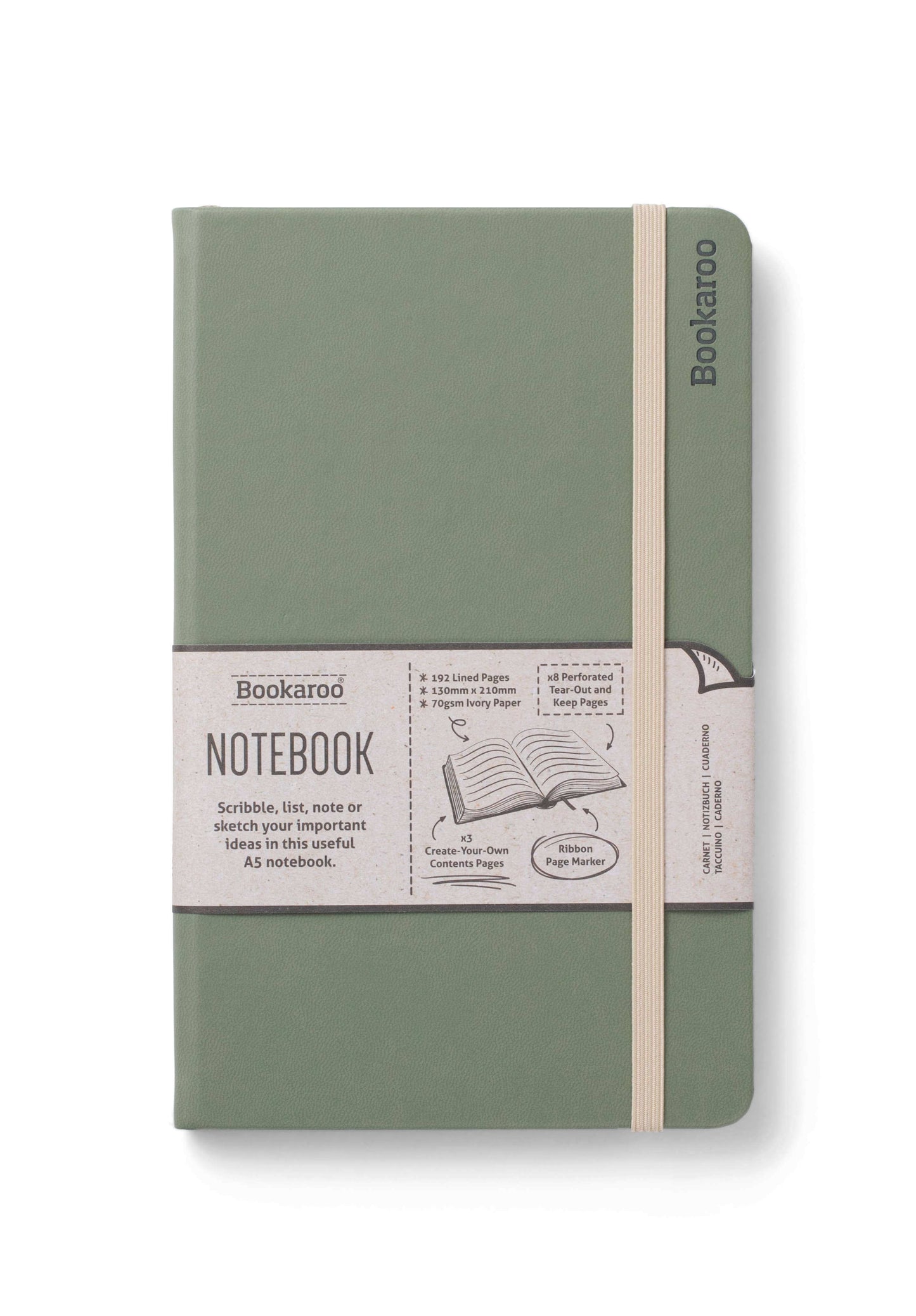 Bookaroo A5 Notebook with green hard cover, featuring 192 ivory pages, page numbers, contents page, and perforated pages for journaling.