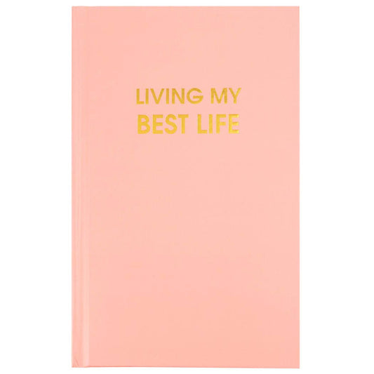 Bright Bellini Pink "Living My Best Life" journal with gold foil text and 256 lined pages for journaling.