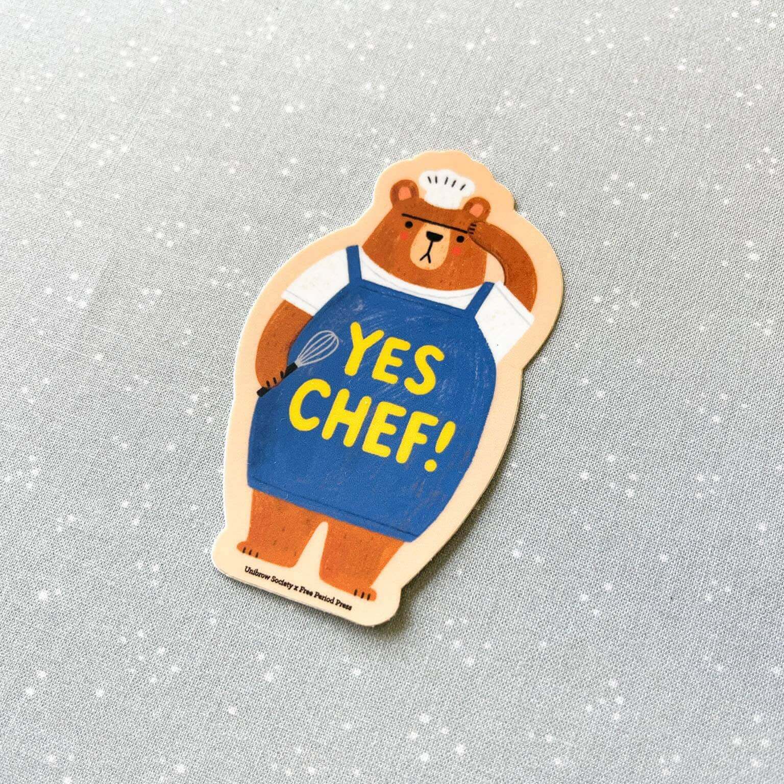 Yes Chef Bear vinyl decal sticker on a gray background, perfect for journaling, journal prompts, guided journaling, journal supplies.