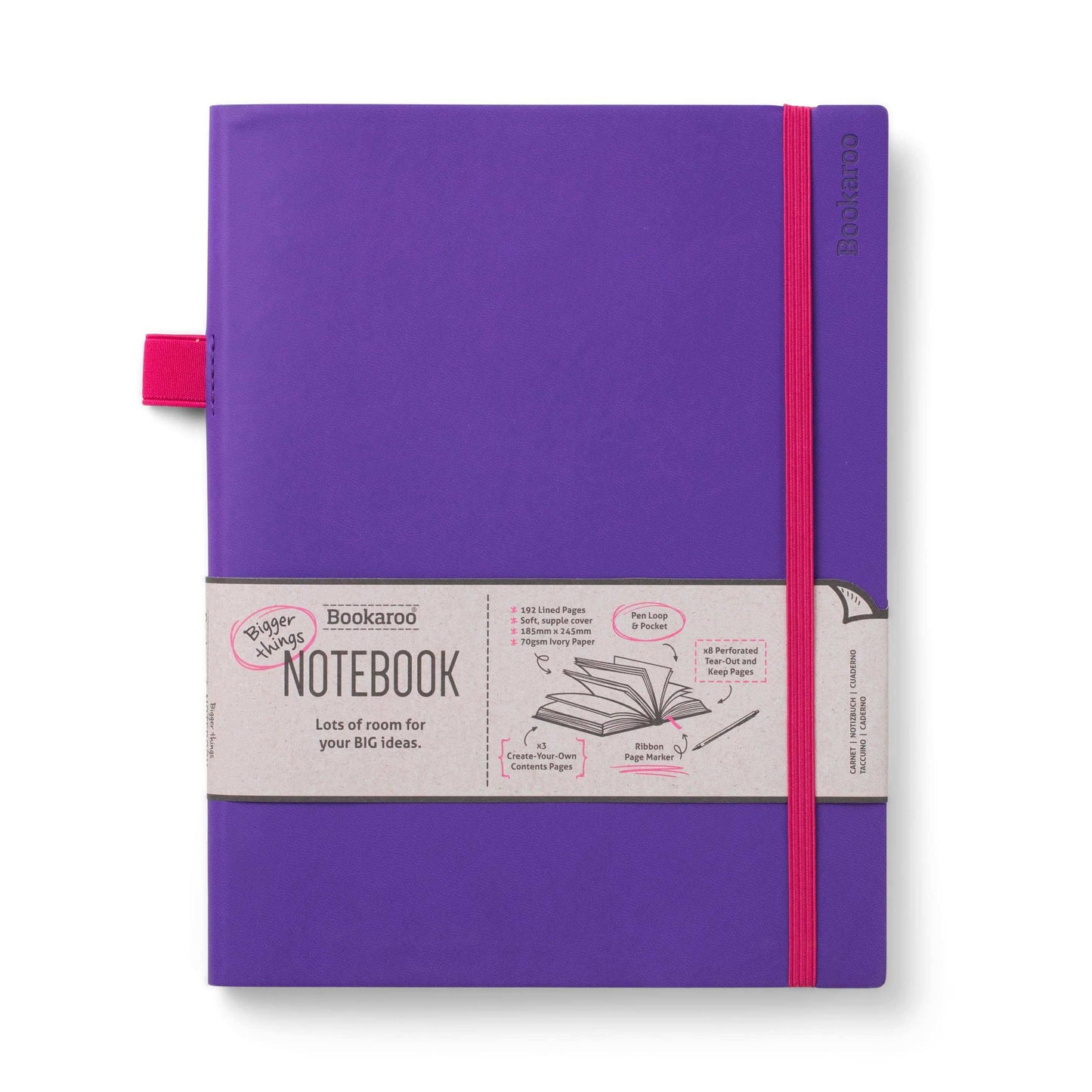 Bookaroo Bigger Things Notebook in purple with faux leather cover, red elastic band, pen loop, and lined pages for journaling, perfect for big ideas