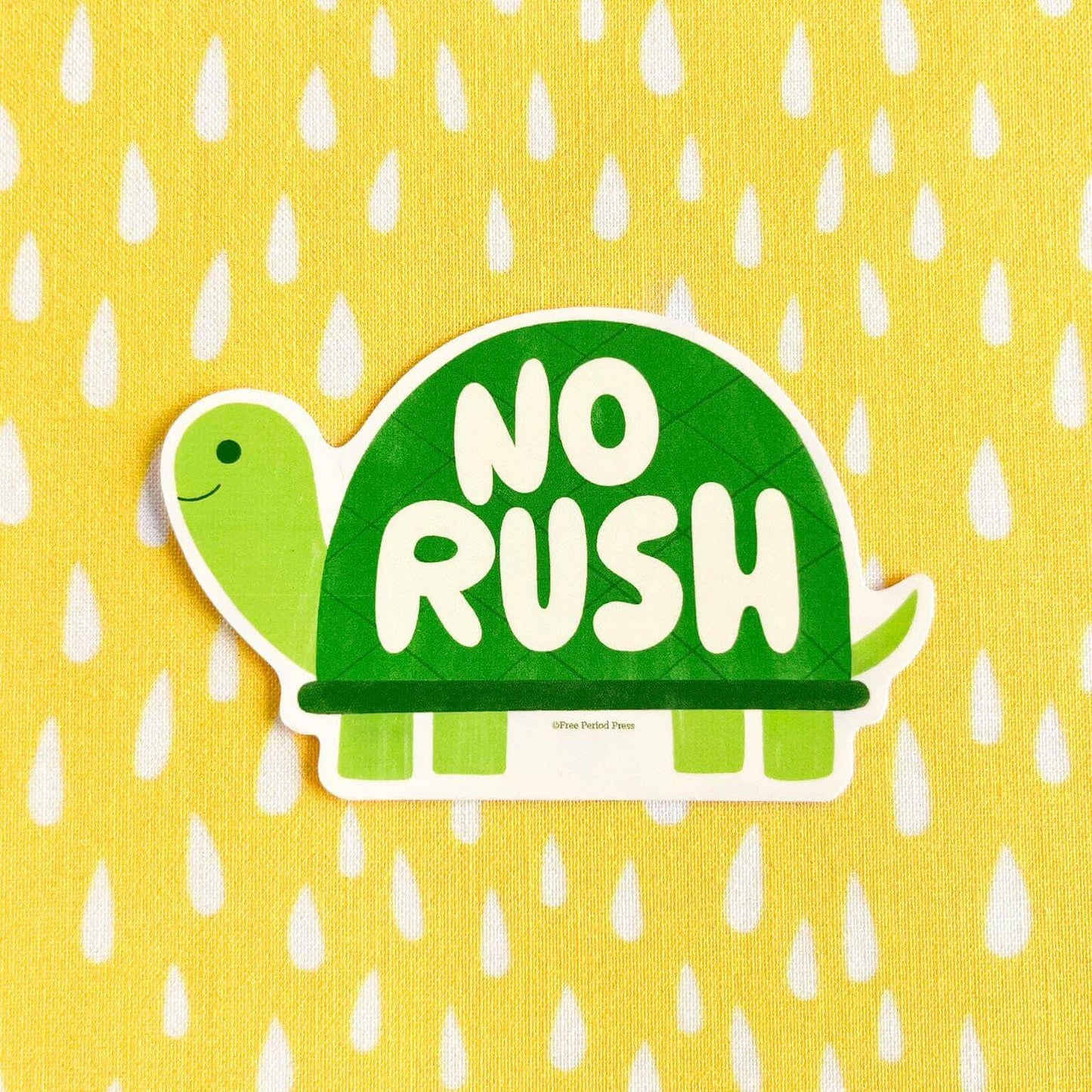 No Rush Vinyl Decal Sticker with a cute green turtle on a yellow patterned background, perfect for journaling and journal supplies.