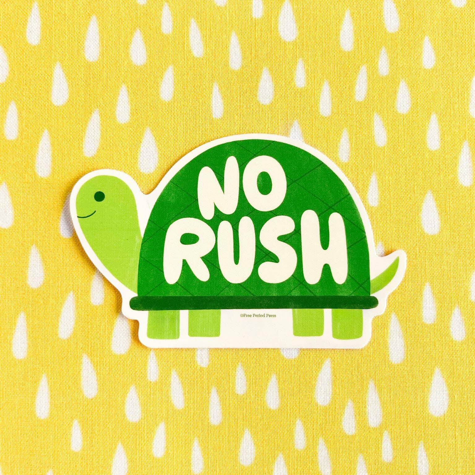 No Rush Vinyl Decal Sticker with a cute green turtle on a yellow patterned background, perfect for journaling and journal supplies.