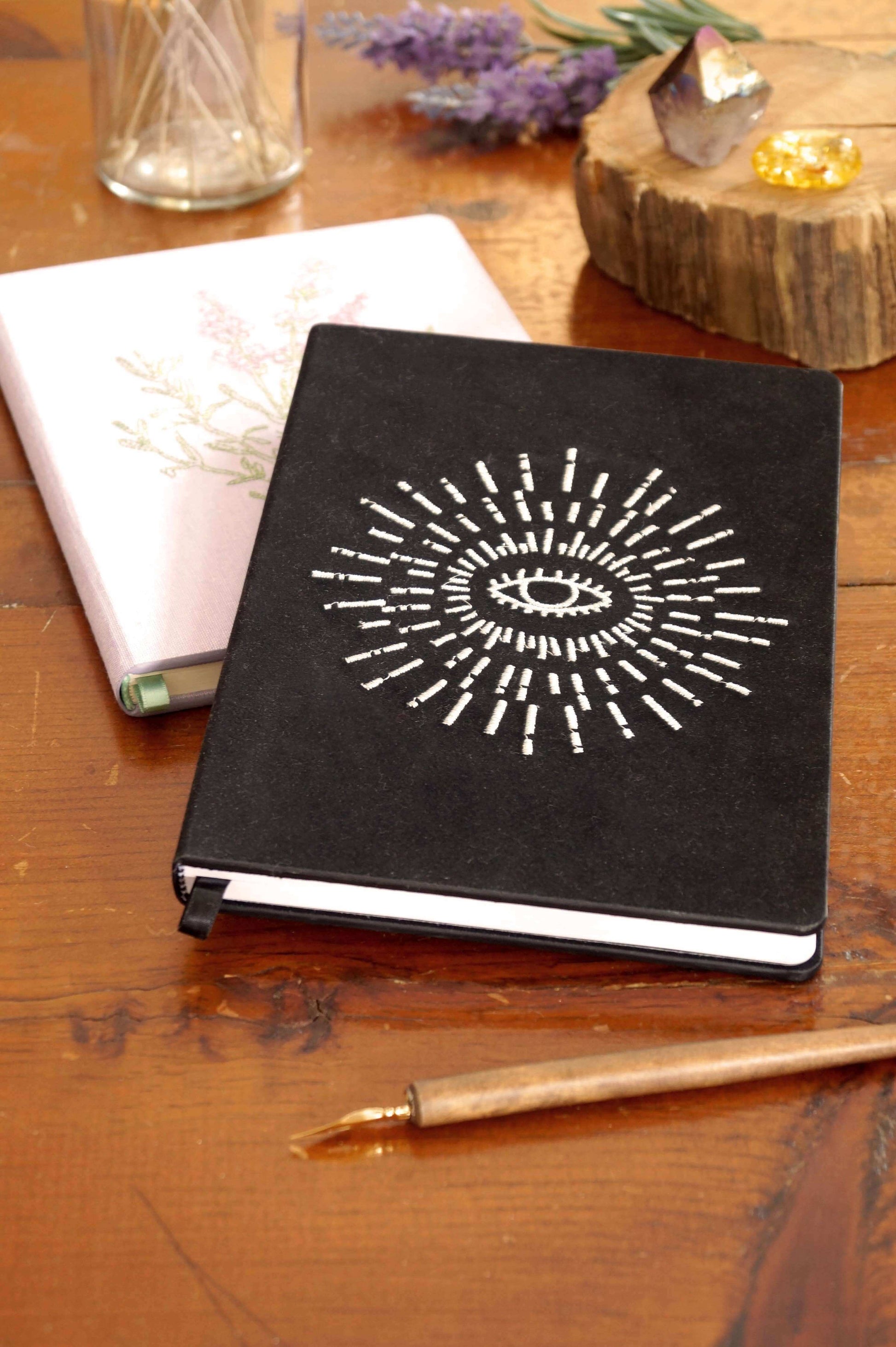 Awakening Embroidered Journal Notebook with elegant design, layflat pages, and satin ribbon bookmark - perfect for journaling and guided prompts.