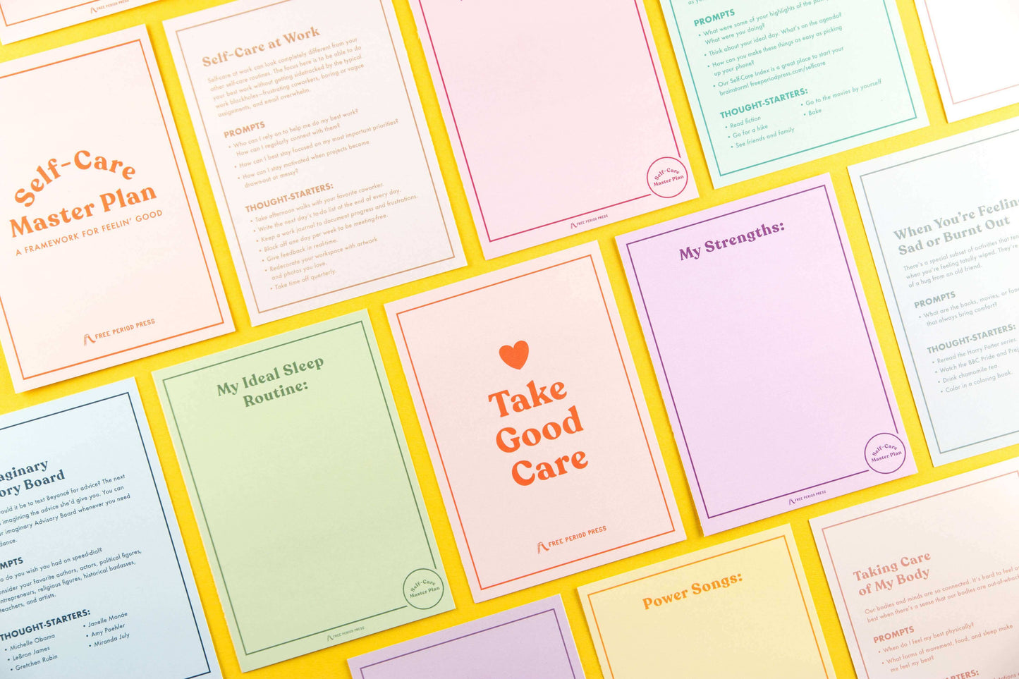 Colorful assortment of Self-Care Master Plan journal prompts, including guided journaling exercises and self-care tips.