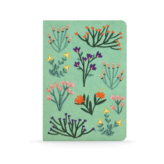 Petite Blooms Embroidered Journal with colorful floral embroidery on a green cover