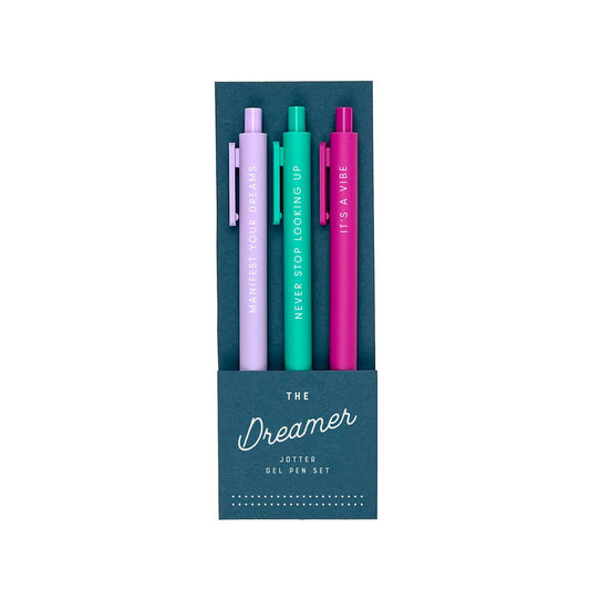 "The Dreamer Jotter Gel Pen Set of 3 in colorful barrels with inspirational quotes, perfect for journaling, journal prompts, guided journaling, and journal supplies."