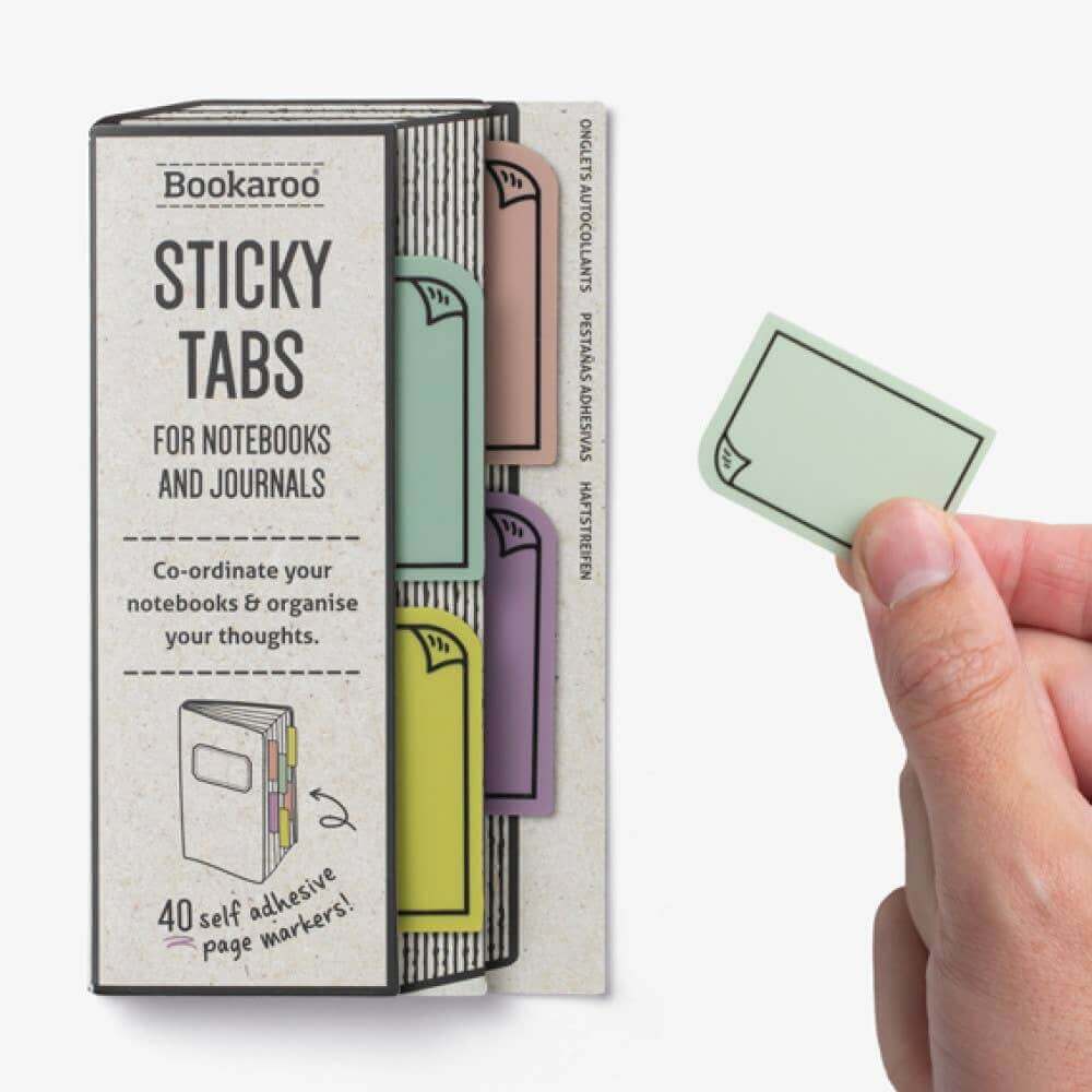 Bookaroo Sticky Tabs set for organizing thoughts with colorful self-adhesive tabs, perfect for journaling and guided journal prompts.