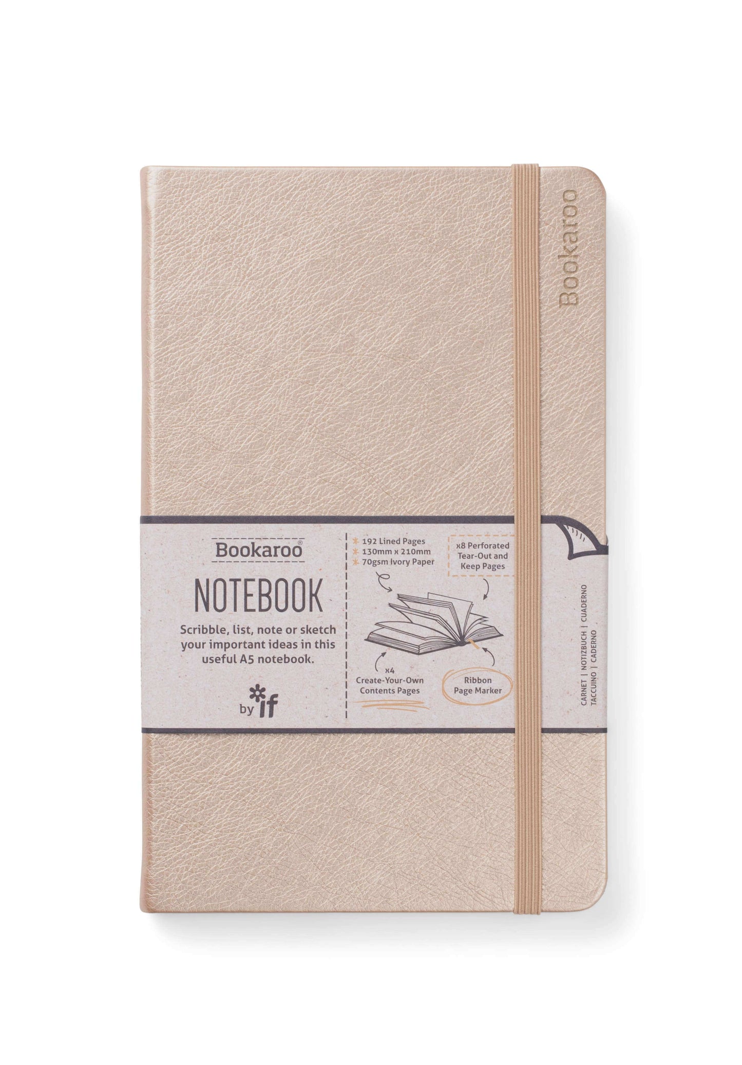 Bookaroo A5 Notebook with beige hard cover, elastic band, and label displaying features for journaling, listing, and sketching on ivory paper.