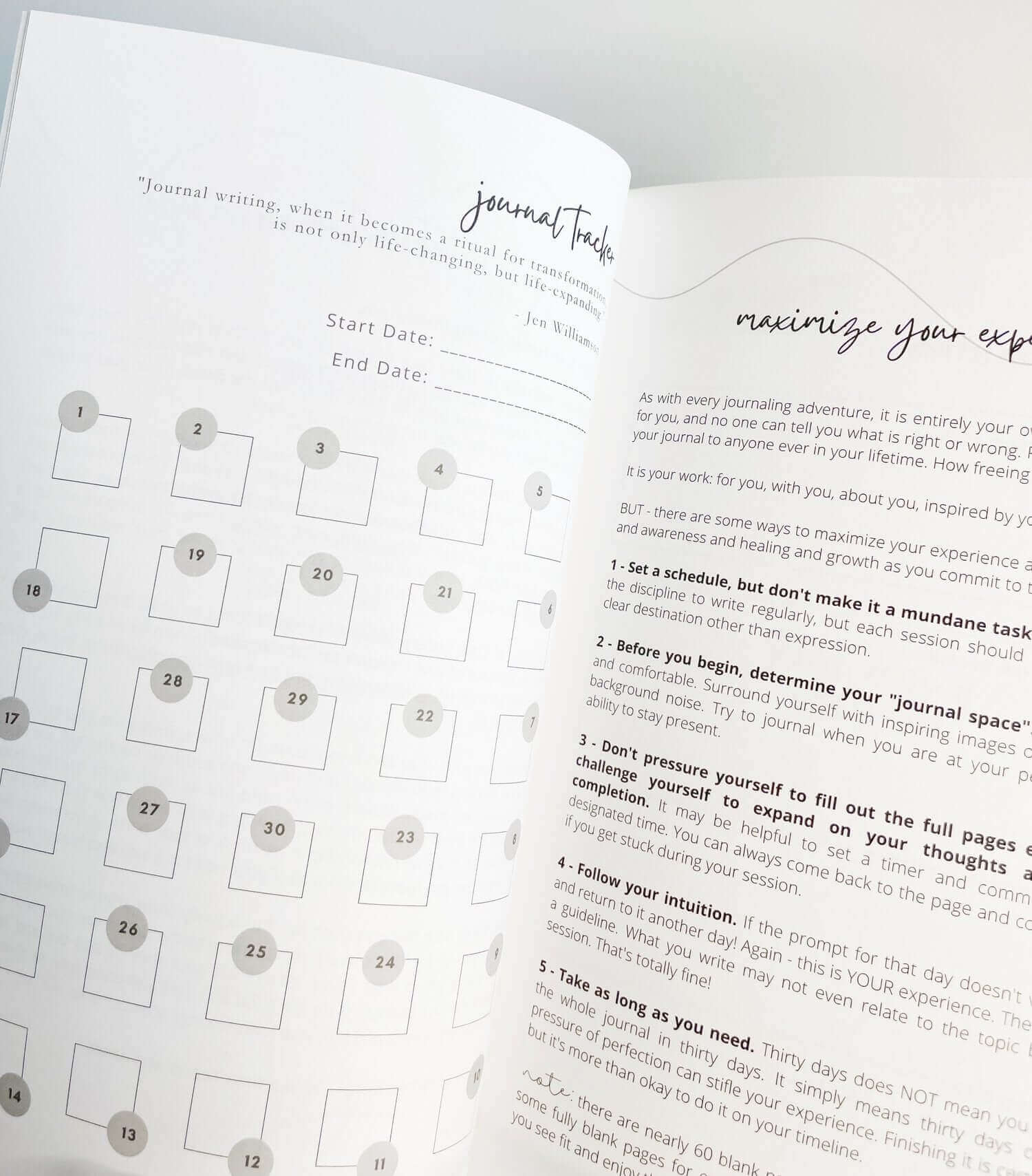 Inside pages of Thirty Days of Gratitude journal with prompts and journaling tips to maximize your gratitude experience.