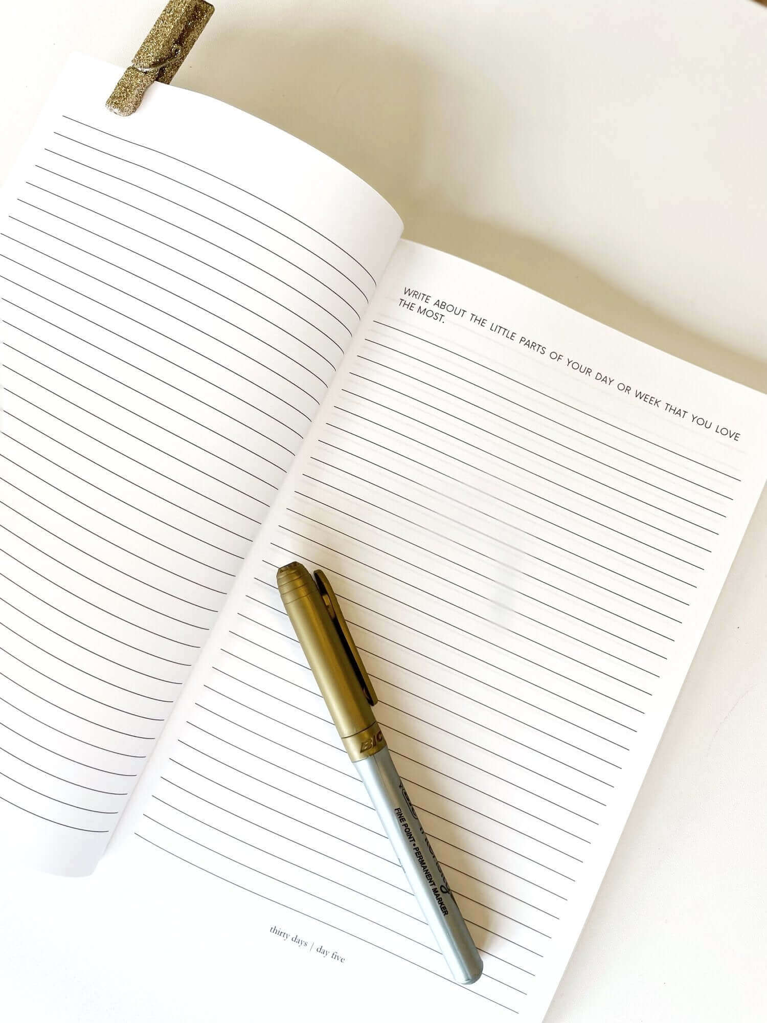 Open gratitude journal with lined pages and a pen, perfect for daily journaling.