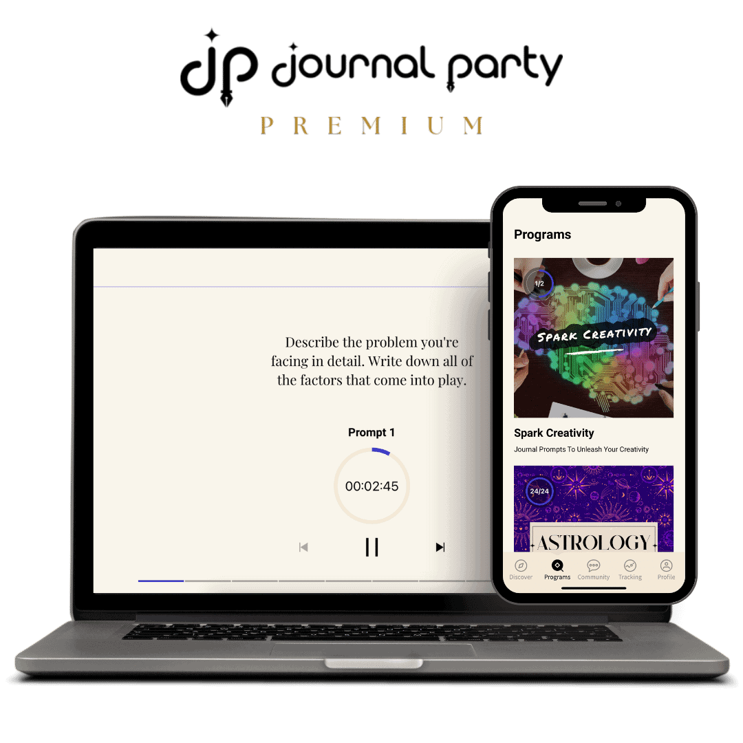Journal Party Premium Lifetime Access on laptop and phone showing guided journaling programs, Power Prompt playlists for personal growth categories
